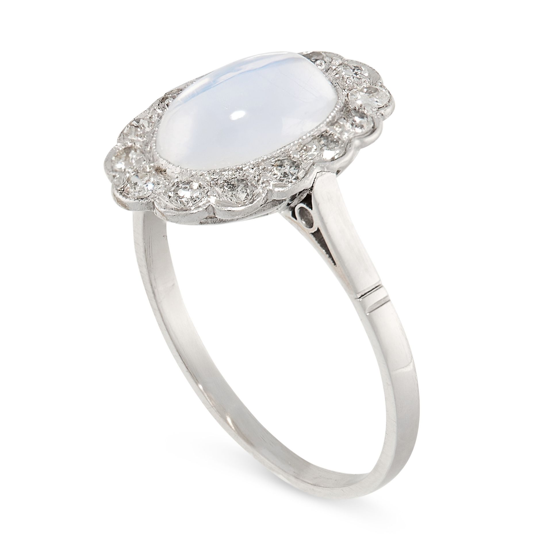 A MOONSTONE AND DIAMOND DRESS RING in platinum, set with an oval cabochon moonstone within a - Image 2 of 2