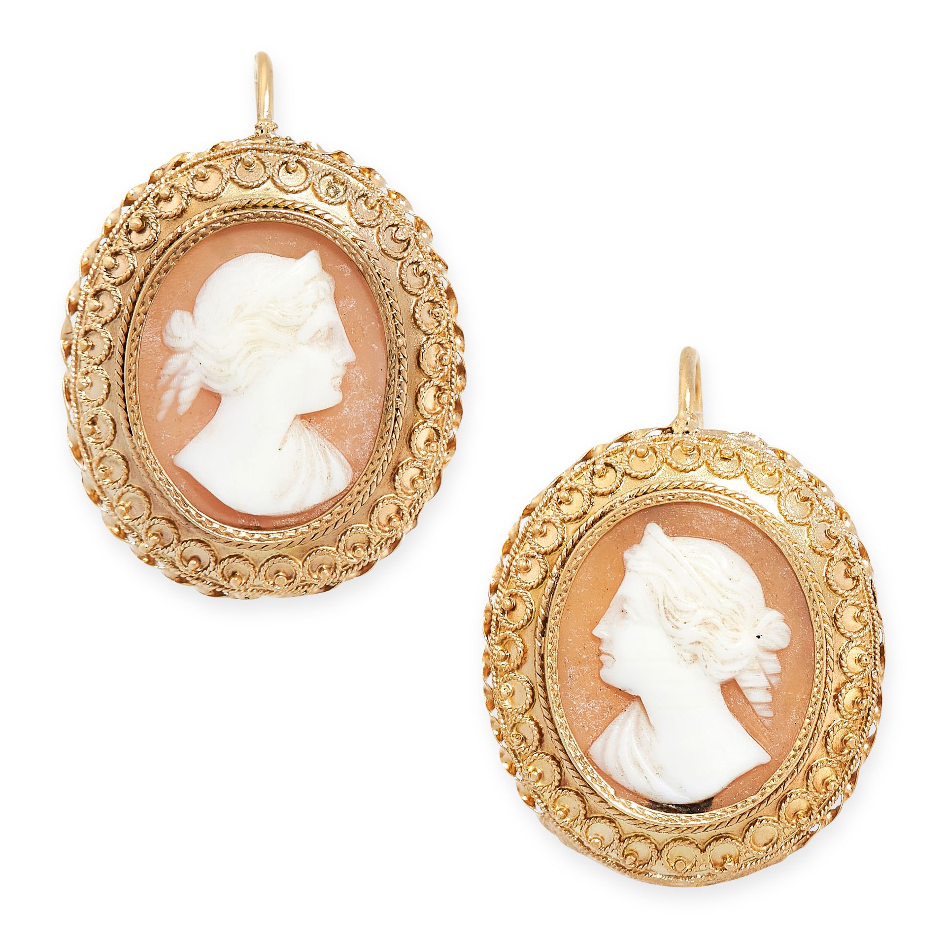 A PAIR OF ANTIQUE CAMEO EARRINGS in yellow gold, in the Etruscan revival manner, each set with an