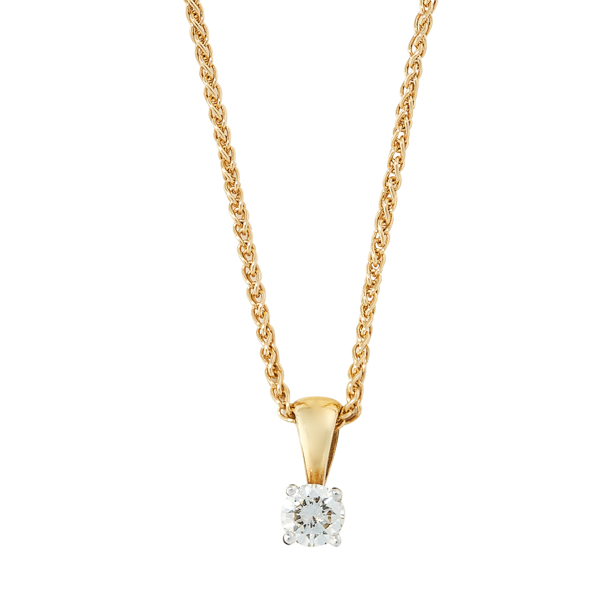 A SOLITAIRE DIAMOND PENDANT, MAPPIN & WEBB in 18ct yellow gold, set with a round cut diamond of 0.28