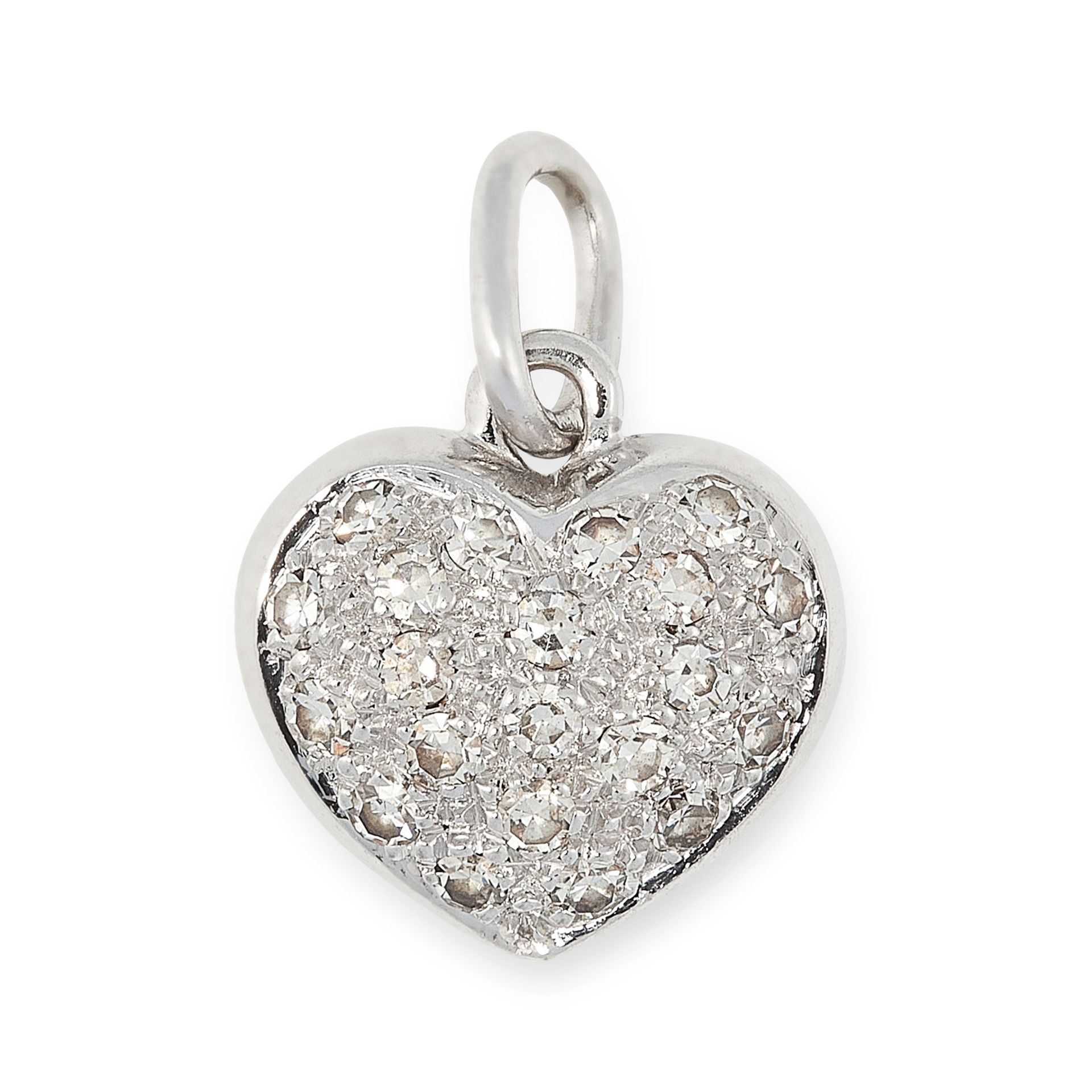 A DIAMOND HEART PENDANT / CHARM in white gold, designed as a heart pave set with round cut diamonds,