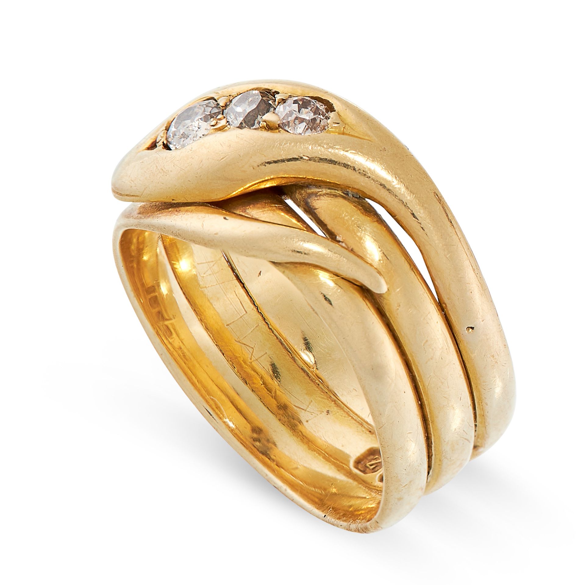 A DIAMOND SNAKE RING, 1924 in 18ct yellow gold, designed as a coiled snake, set with three old cut - Bild 2 aus 2
