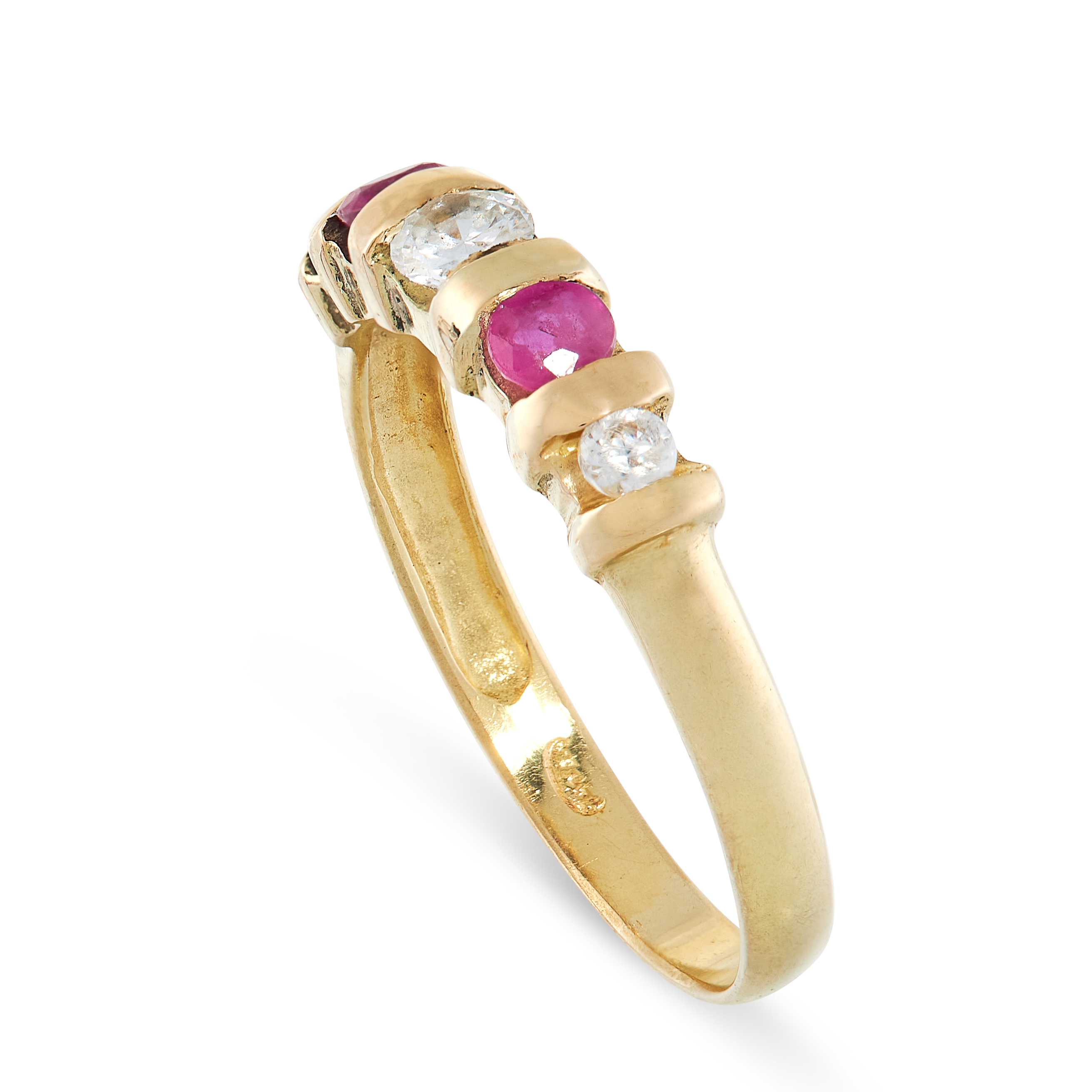 A RUBY AND DIAMOND RING in 18ct yellow gold, set with round cut rubies and diamonds, stamped 750, - Image 2 of 2