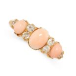 A CORAL AND DIAMOND RING in yellow gold, set with three graduated polished coral beads, accented