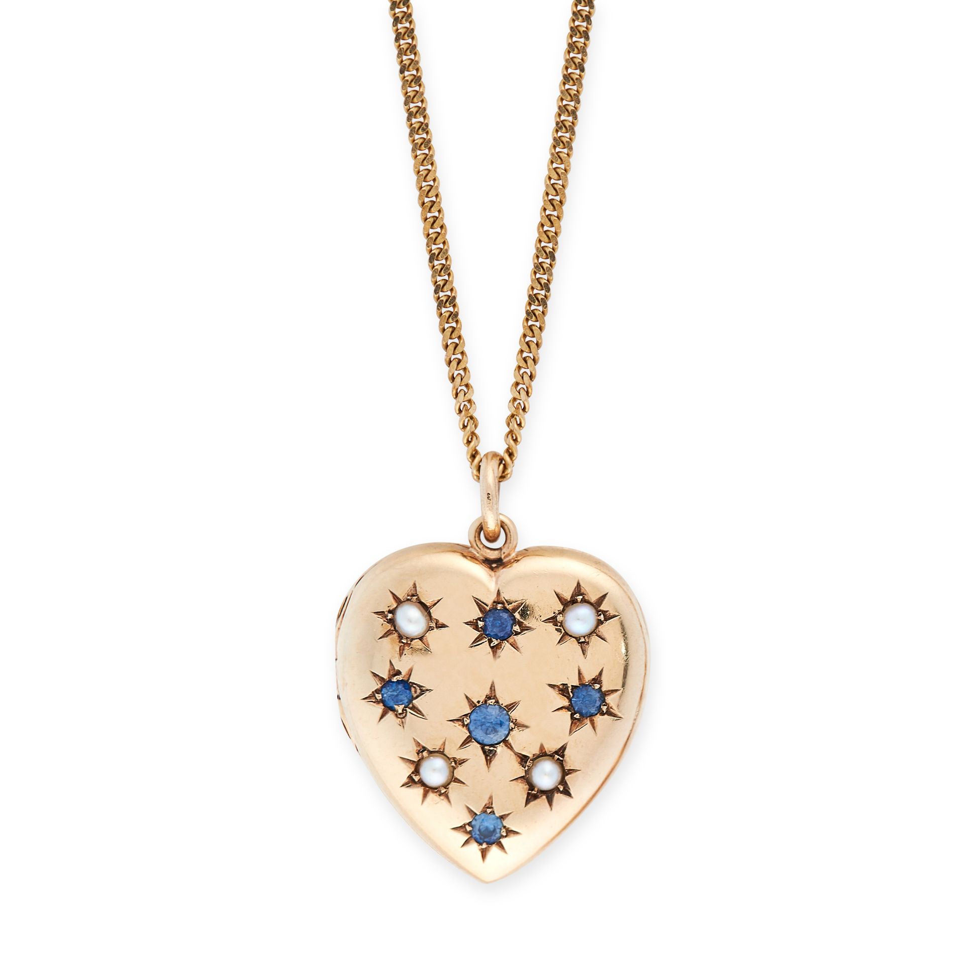 A SAPPHIRE AND PEARL LOCKET PENDANT AND CHAIN in yellow gold, the hinged heart shaped body set to