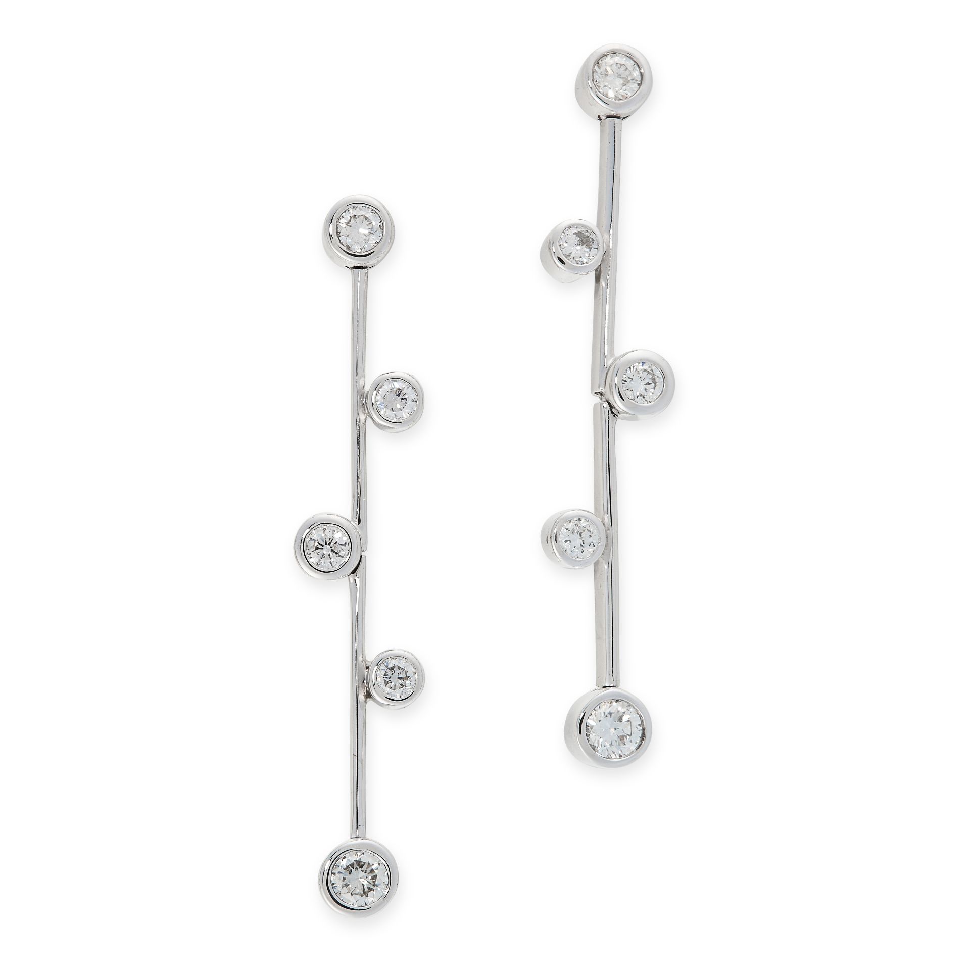 A PAIR OF DIAMOND DROP EARRINGS in 18ct white gold, each designed as an articulated baton set with