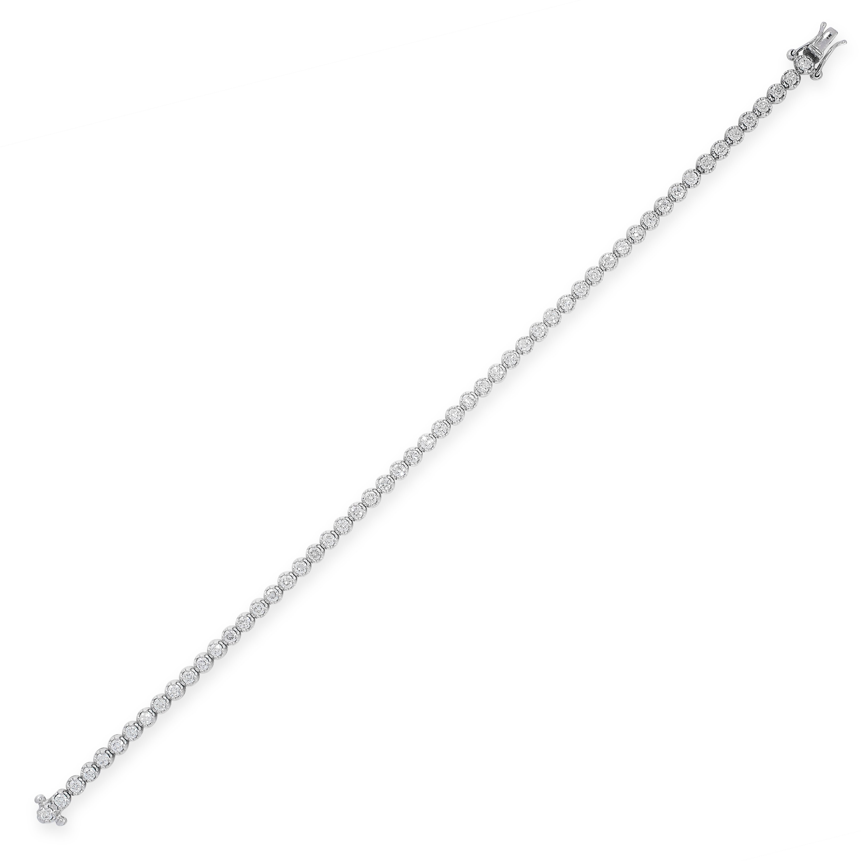 A DIAMOND LINE BRACELET in 18ct white gold, comprising a single row of fifty-five round cut