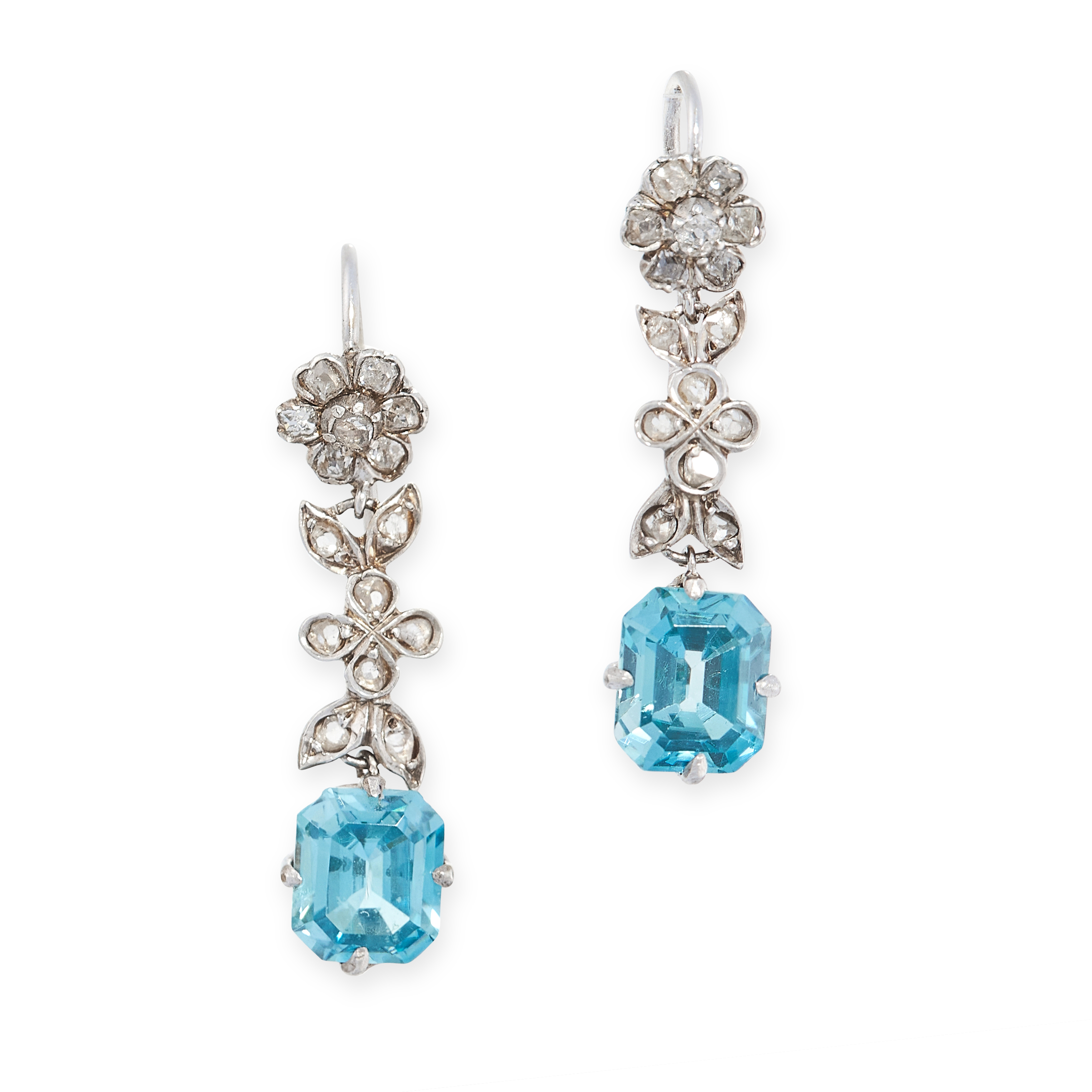 A PAIR OF BLUE ZIRCON AND DIAMOND EARRINGS each set with an emerald cut blue zircon suspended