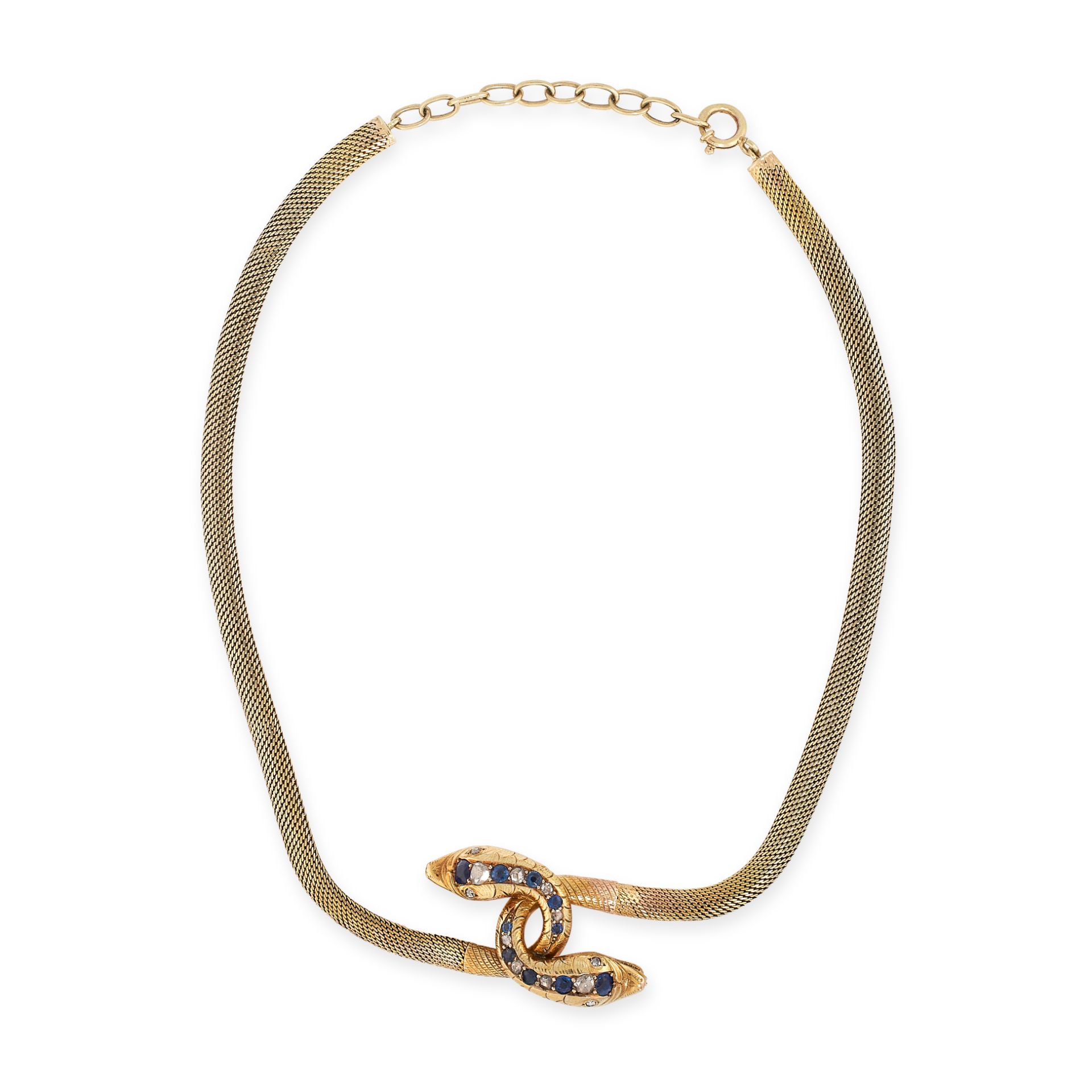 AN ANTIQUE SAPPHIRE AND DIAMOND SNAKE NECKLACE in yellow gold, designed as two coiled snakes,