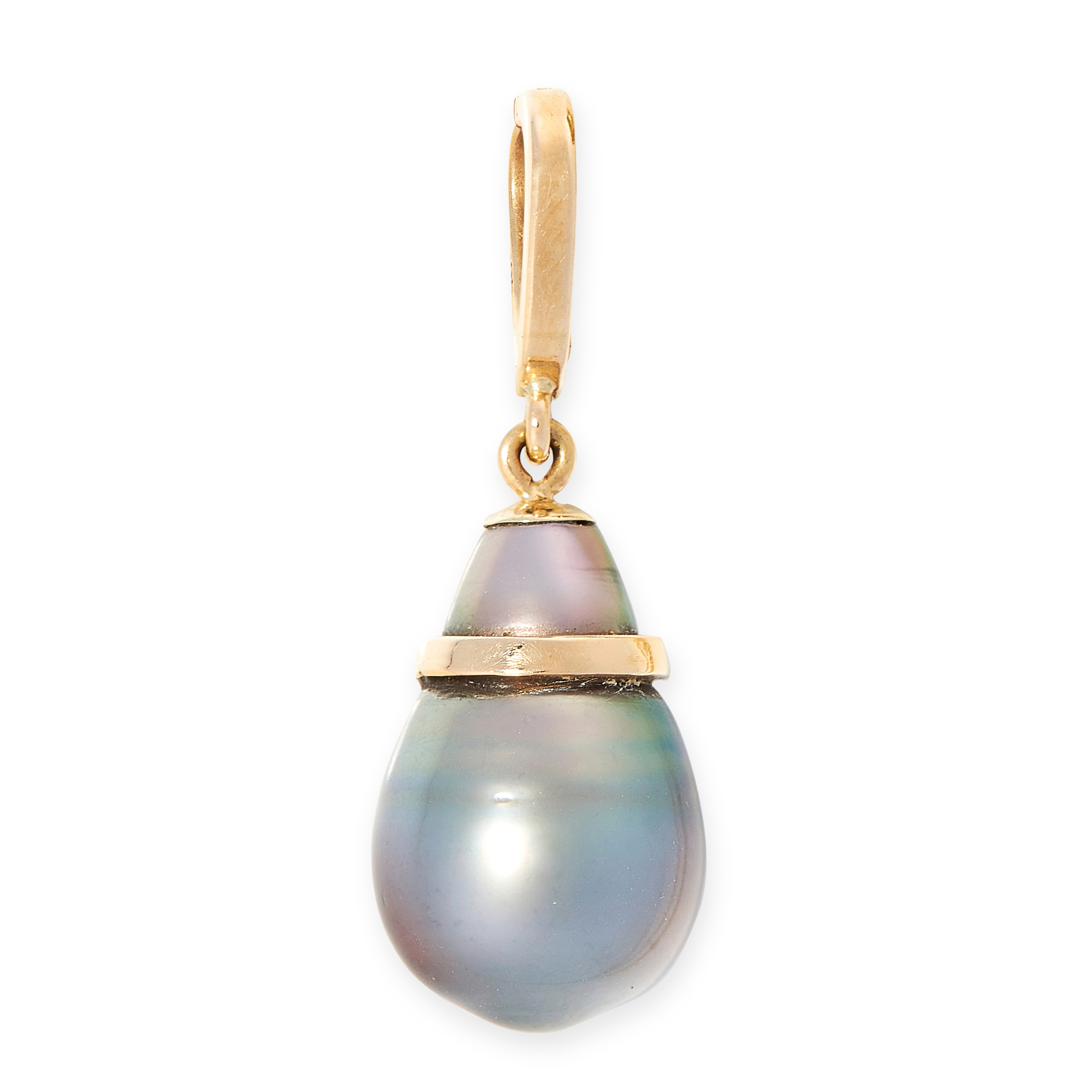 A BLACK PEARL PENDANT in 14ct yellow gold, set with a drop shaped black pearl of 20.0mm, stamped