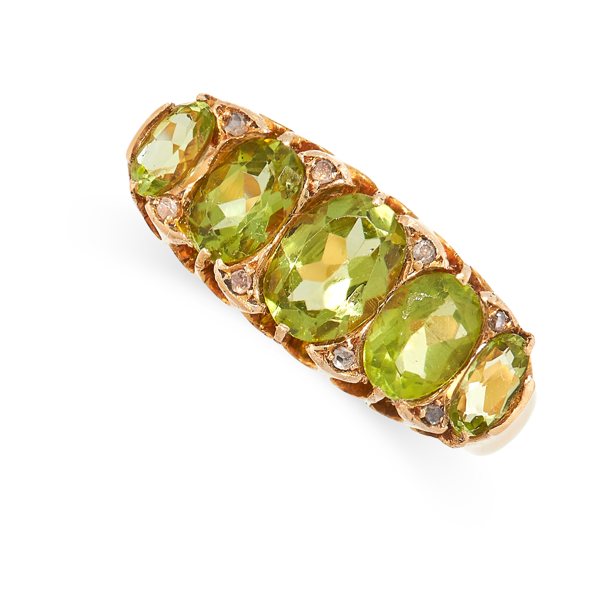 AN ANTIQUE PERIDOT AND DIAMOND RING, 1912 in 18ct yellow gold, set with five graduated oval cut