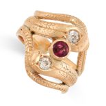 A RUBY AND DIAMOND SNAKE RING in yellow gold, the band designed as two snakes, coiled around each