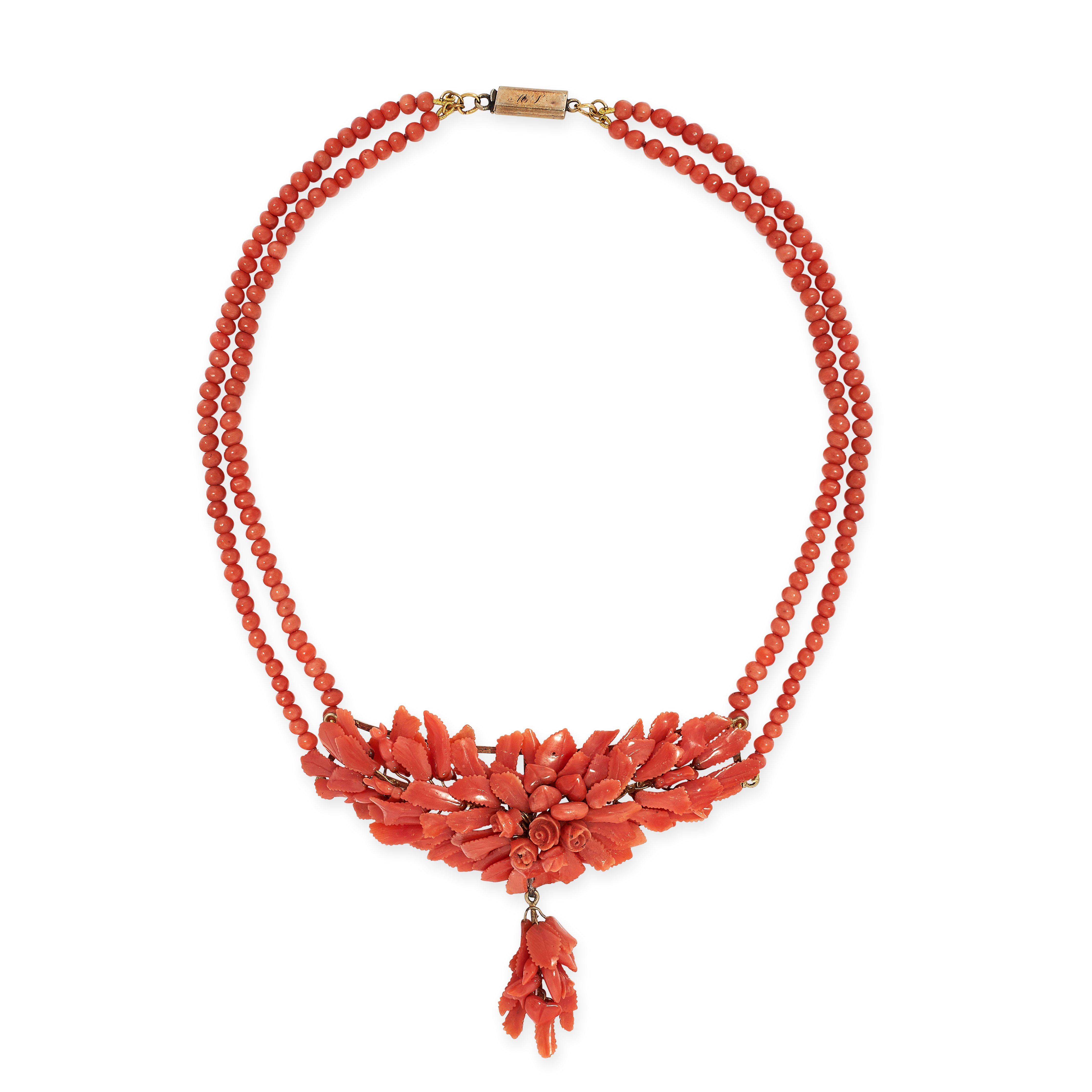 AN ANTIQUE CORAL NECKLACE, 19TH CENTURY comprising two rows of polished coral beads, centring a