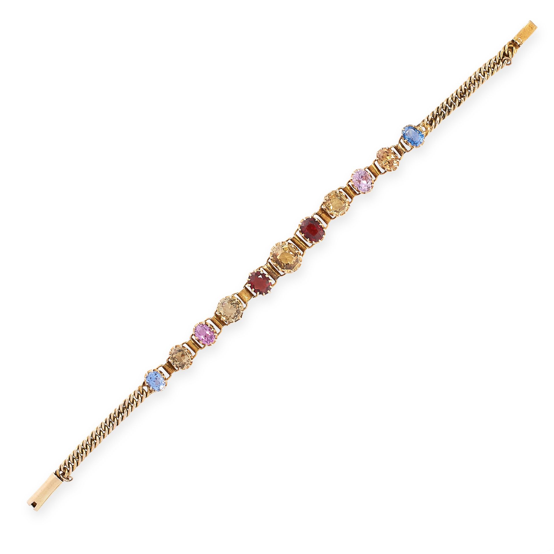 A VINTAGE GEMSET BRACELET in yellow gold, set with a row of eleven graduated cushion cut gemstones