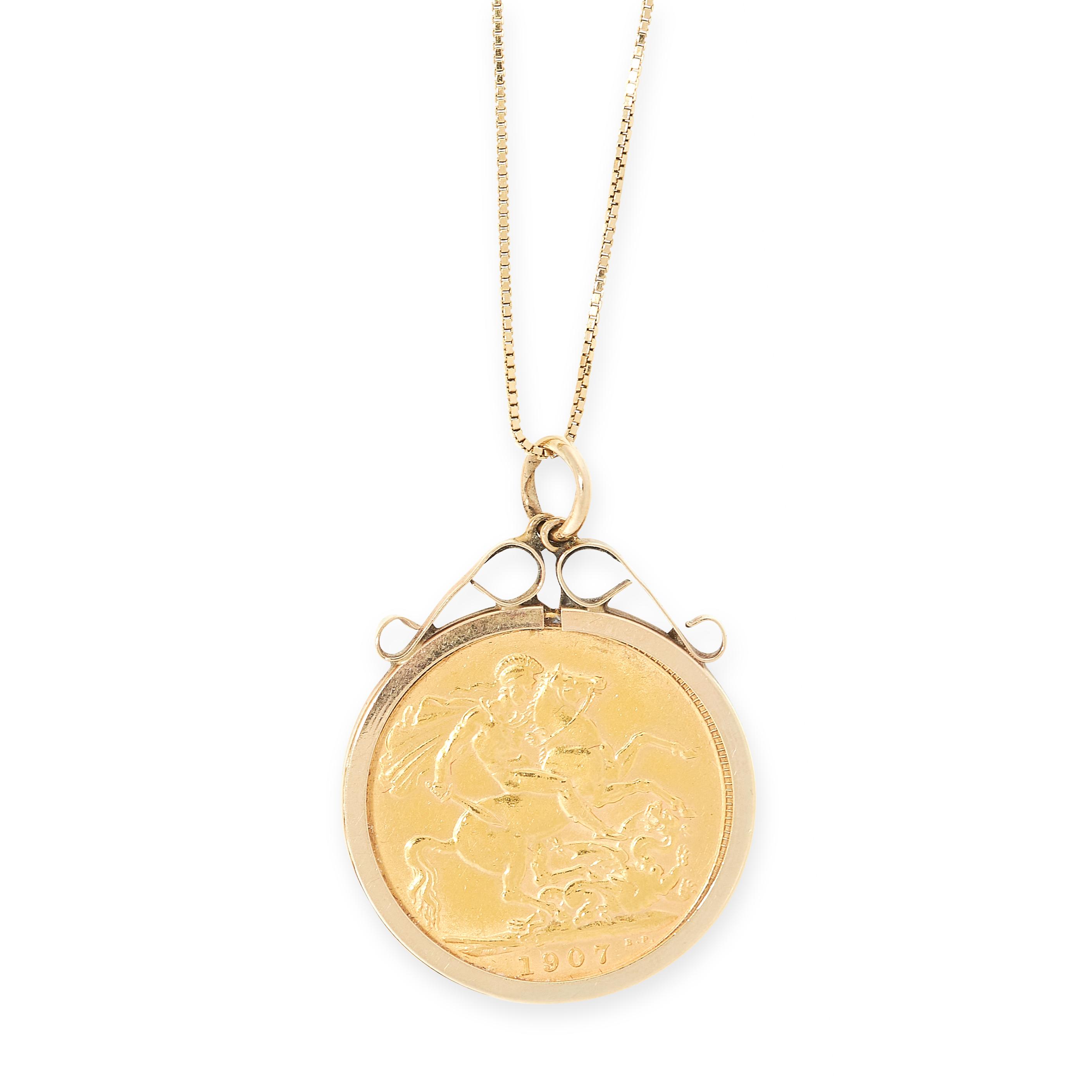 AN EDWARD VII FULL SOVEREIGN COIN PENDANT AND CHAIN in 22ct, 14ct and 9ct yellow gold, set with a - Image 2 of 2