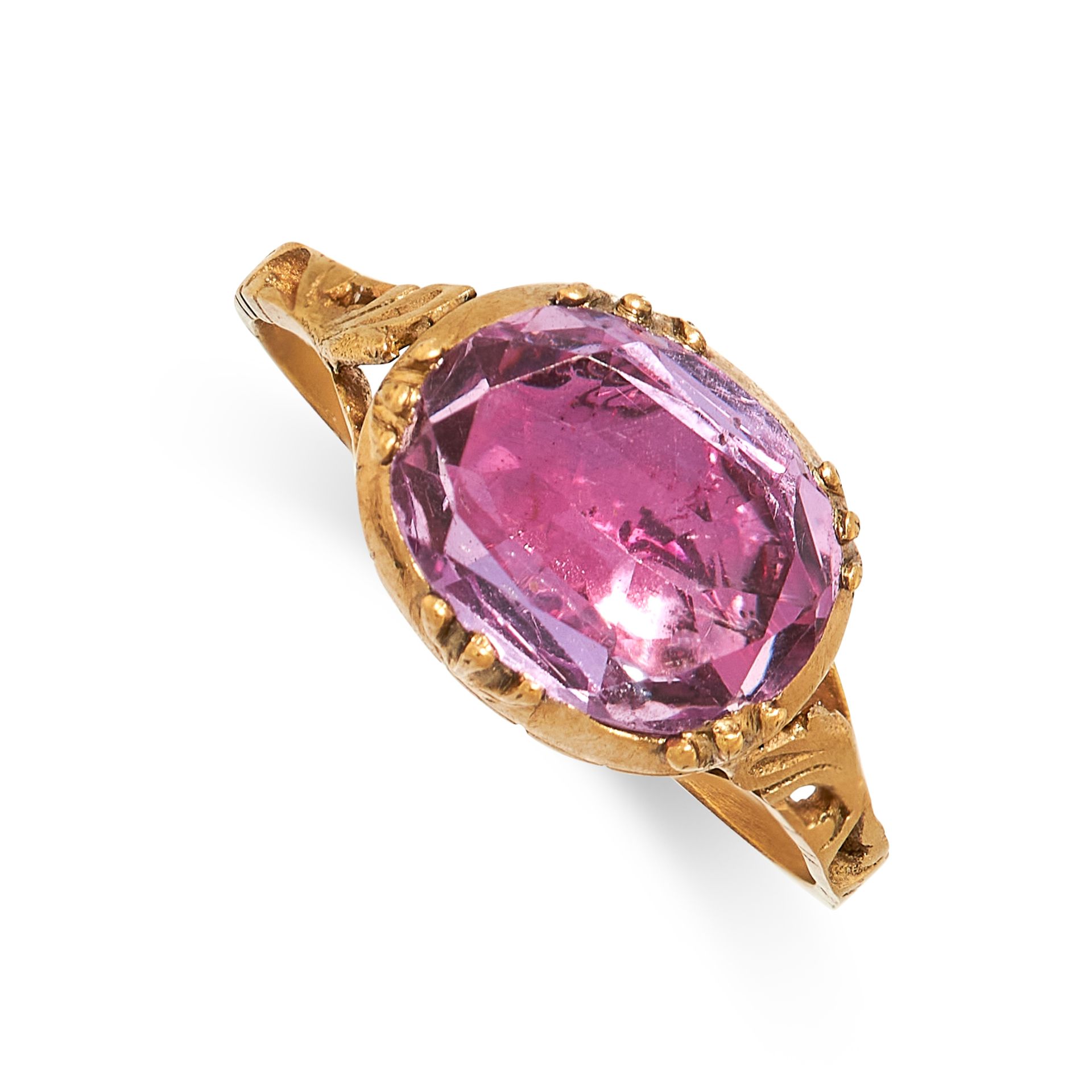 A PINK TOPAZ DRESS RING, 19TH CENTURY AND LATER in yellow gold, the ring formed of an antique