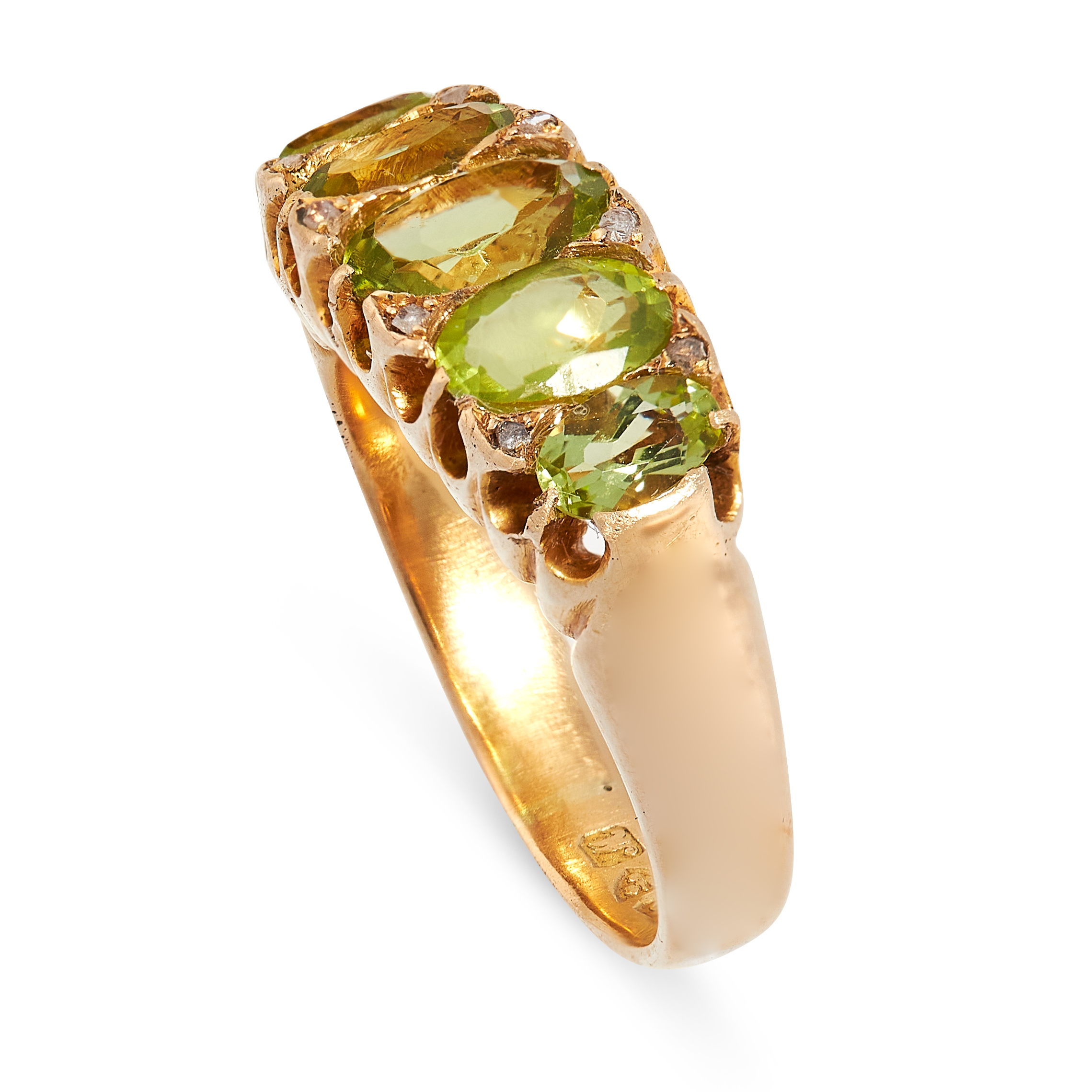 AN ANTIQUE PERIDOT AND DIAMOND RING, 1912 in 18ct yellow gold, set with five graduated oval cut - Image 2 of 2