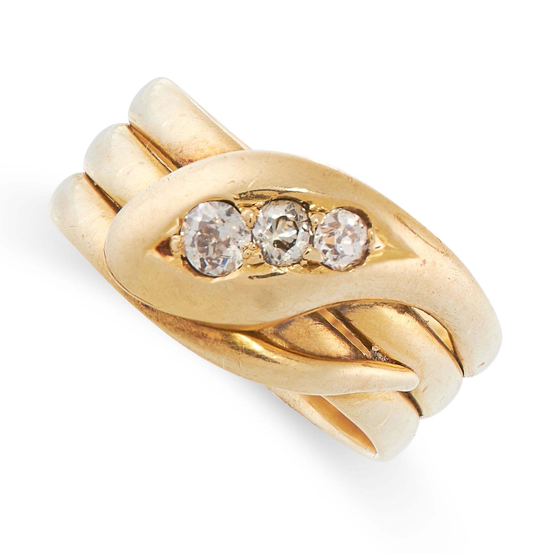 A DIAMOND SNAKE RING, 1924 in 18ct yellow gold, designed as a coiled snake, set with three old cut