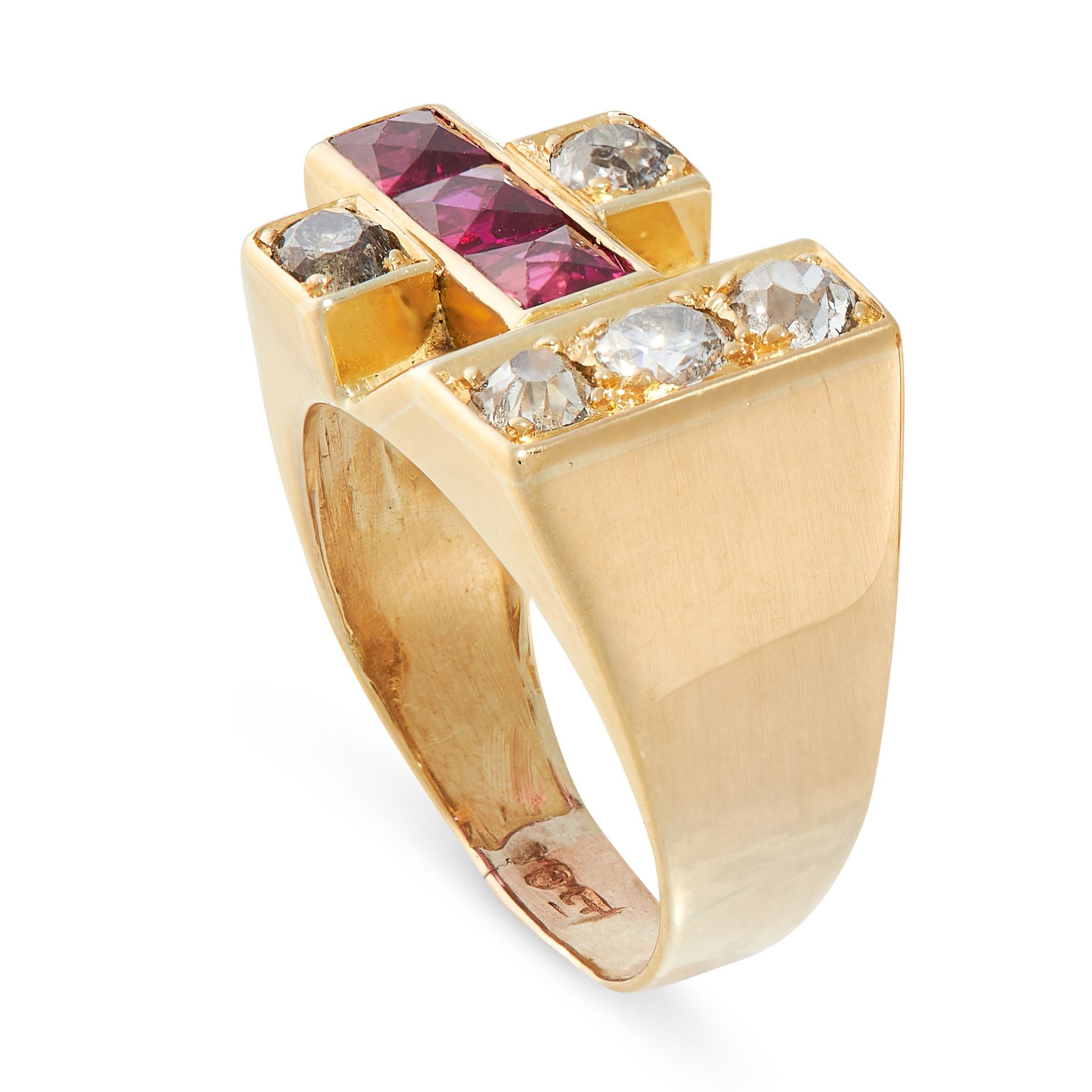 A RETRO DIAMOND AND RUBY RING in 18ct yellow gold, set with three French cut synthetic rubies and - Image 2 of 2