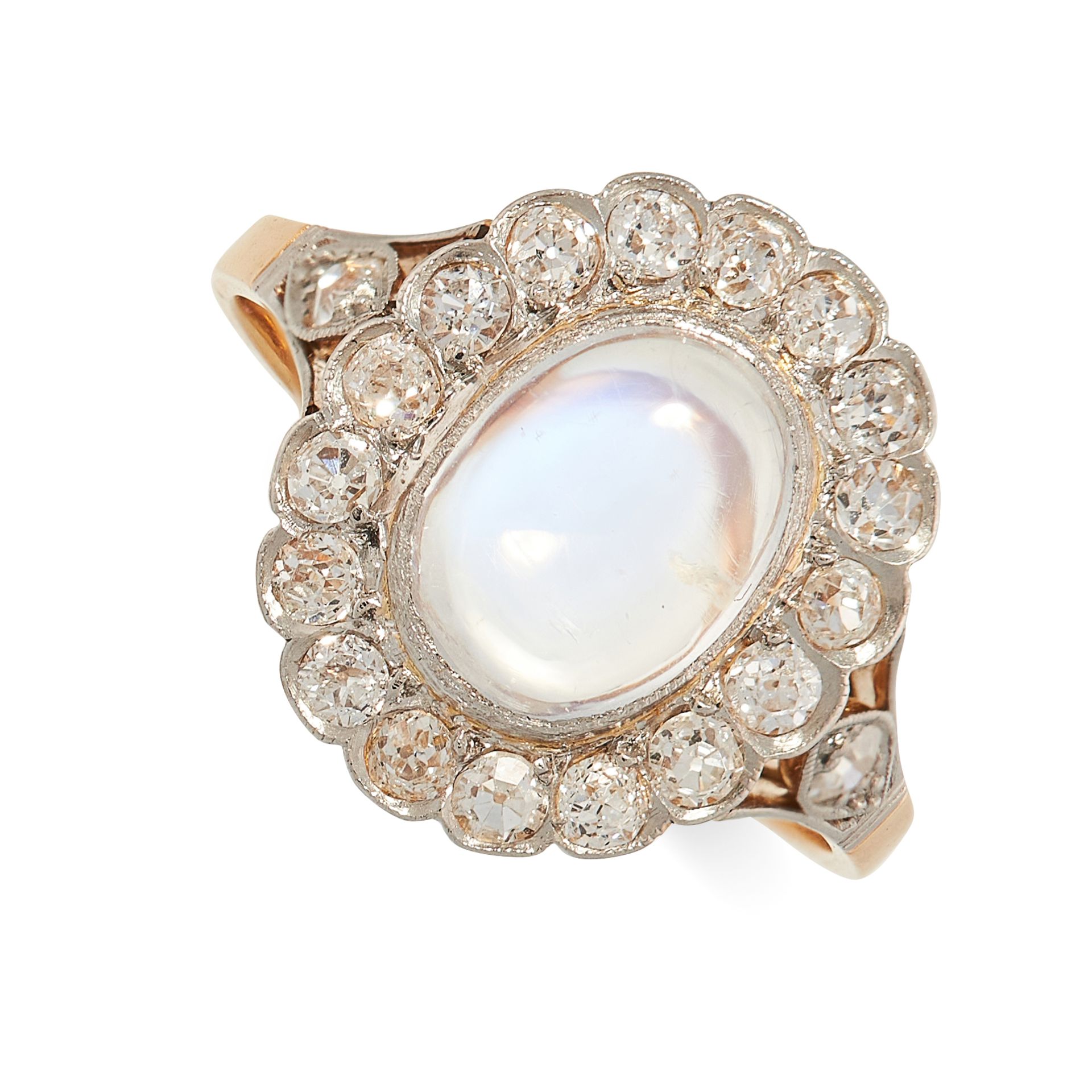 AN ANTIQUE MOONSTONE AND DIAMOND RING, CIRCA 1900 in yellow gold, set with an oval cabochon