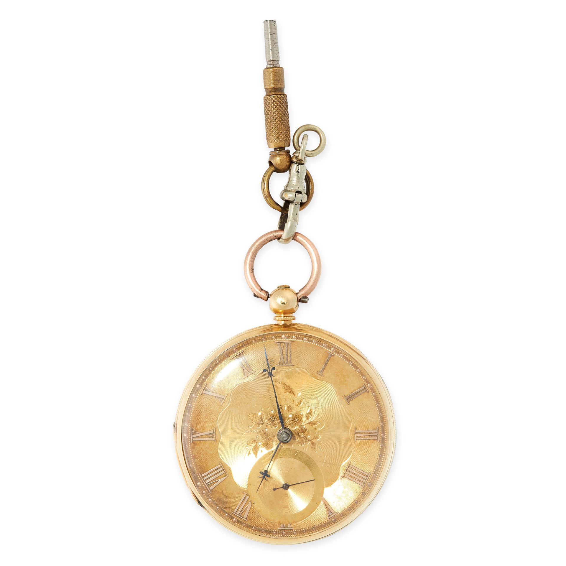 AN ANTIQUE POCKET WATCH 1855 in 18ct yellow gold, the circular dial with raised Roman numerals, a