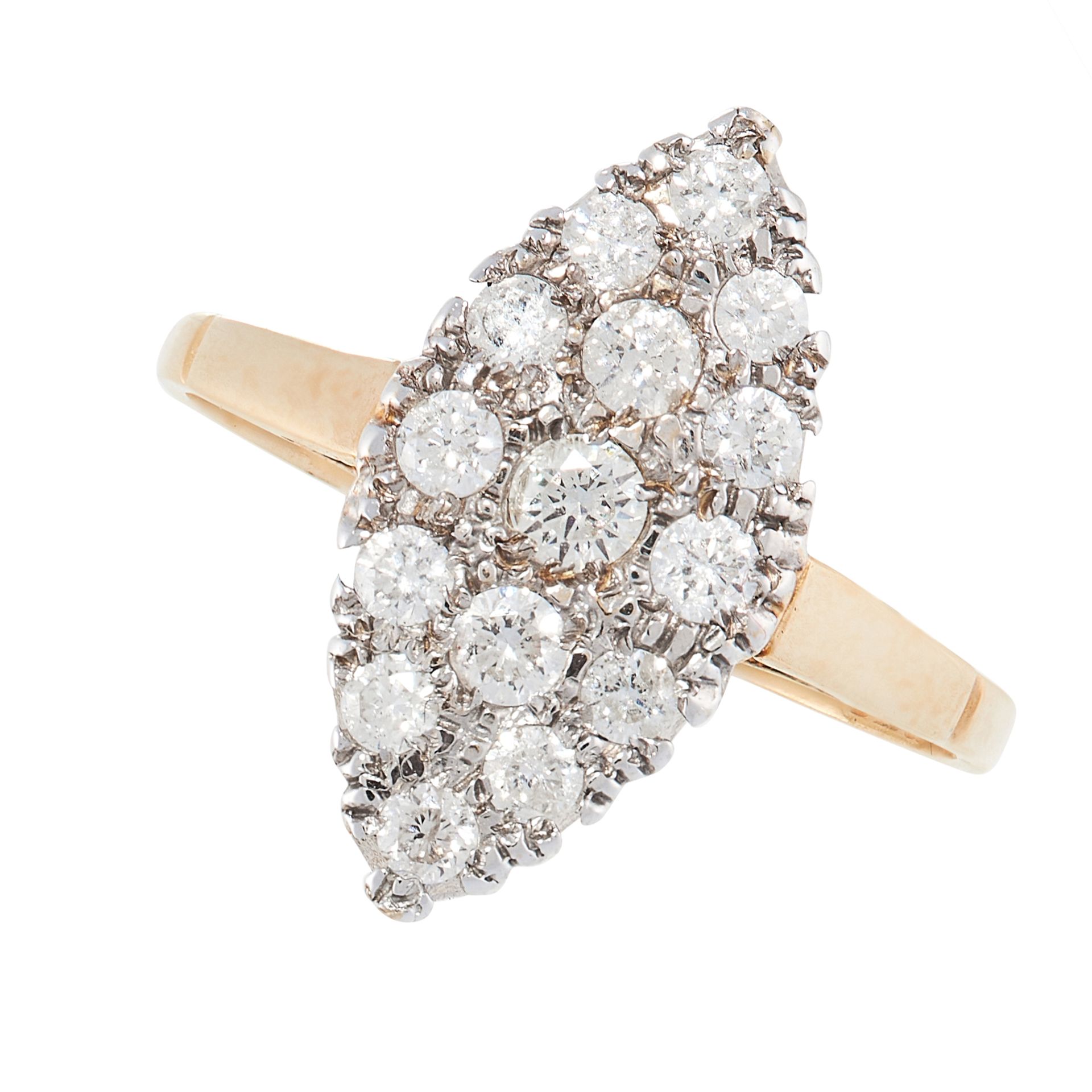 AN ANTIQUE DIAMOND RING in yellow gold, the navette face is pave set with old cut diamonds, all