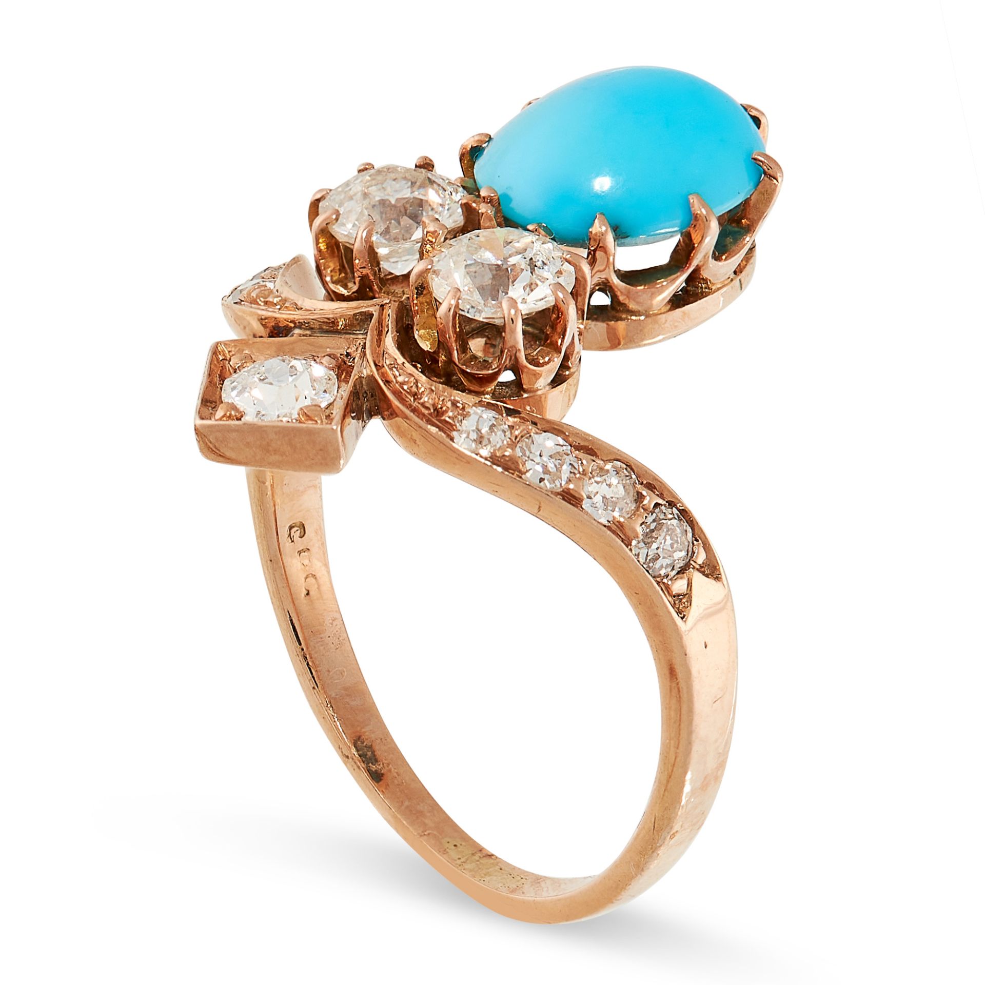 AN ANTIQUE TURQUOISE AND DIAMOND TIARA RING in yellow gold, the stylised band set with old cut - Bild 2 aus 2