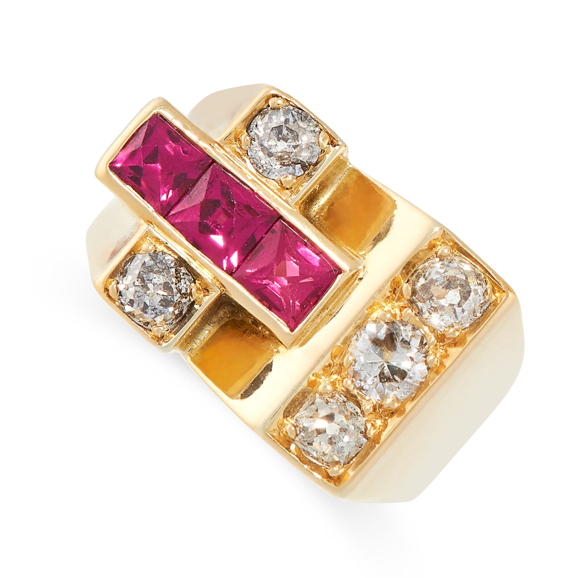 A RETRO DIAMOND AND RUBY RING in 18ct yellow gold, set with three French cut synthetic rubies and