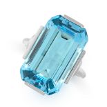 A FINE AQUAMARINE DRESS RING in 14ct white gold, set with an emerald cut aquamarine of 15.23 carats,