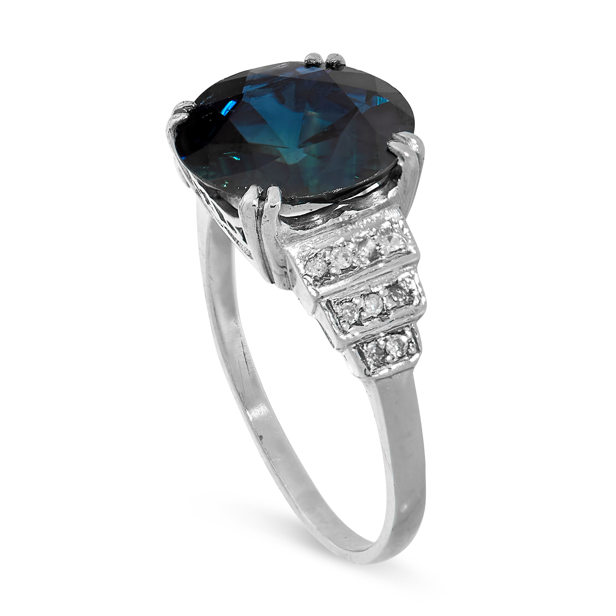 A SAPPHIRE AND DIAMOND RING in 18ct white gold, set with a round cut sapphire of 4.40 carats, - Image 2 of 2