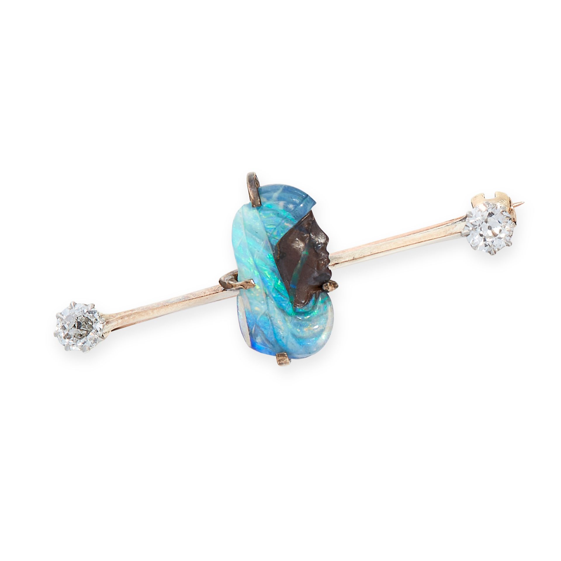 AN ANTIQUE OPAL AND DIAMOND BROOCH in yellow gold, set with a boulder opal, carved in detail to