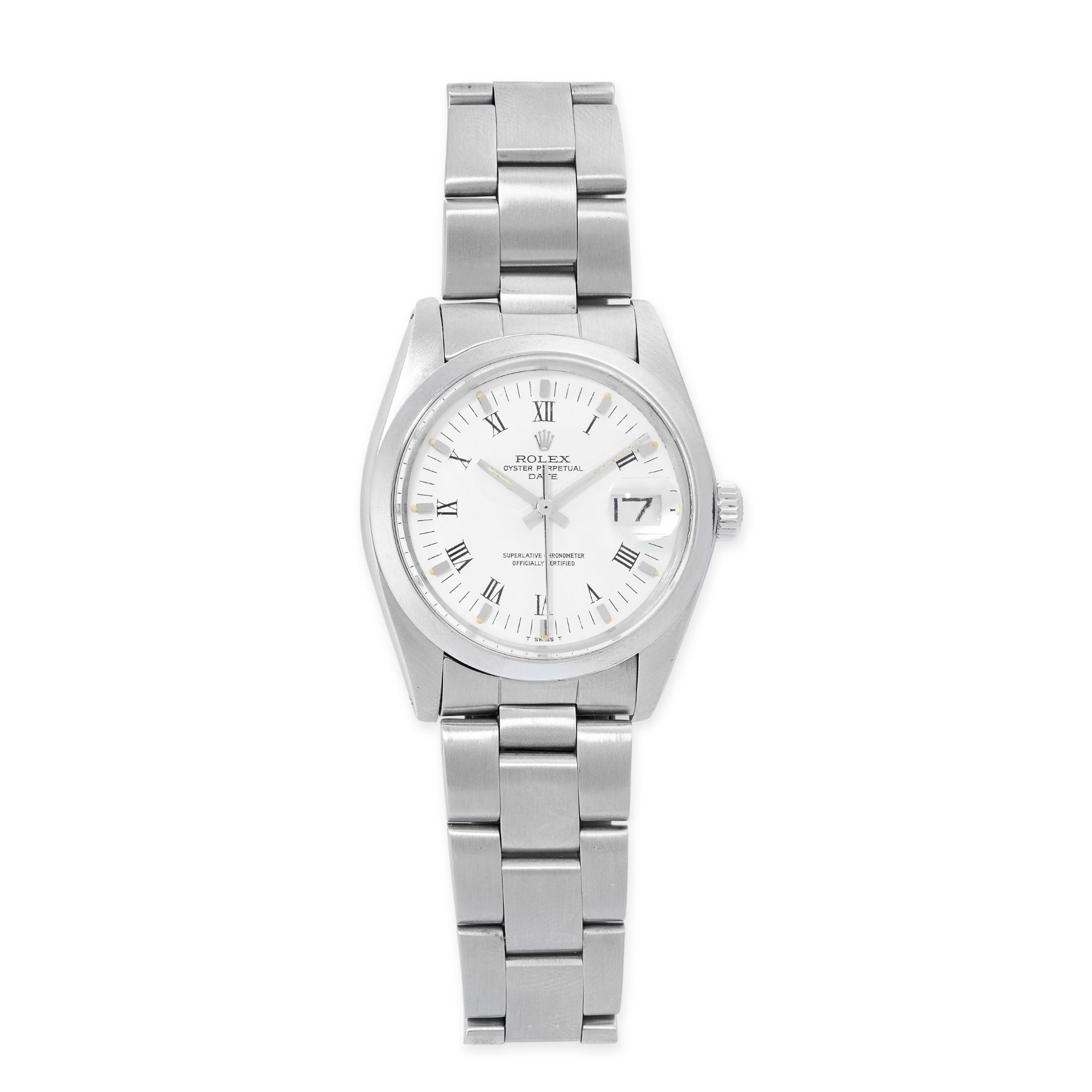AN OYSTER PERPETUAL DATE WRIST WATCH, ROLEX in stainless steel, automatic movement, 34mm case, white