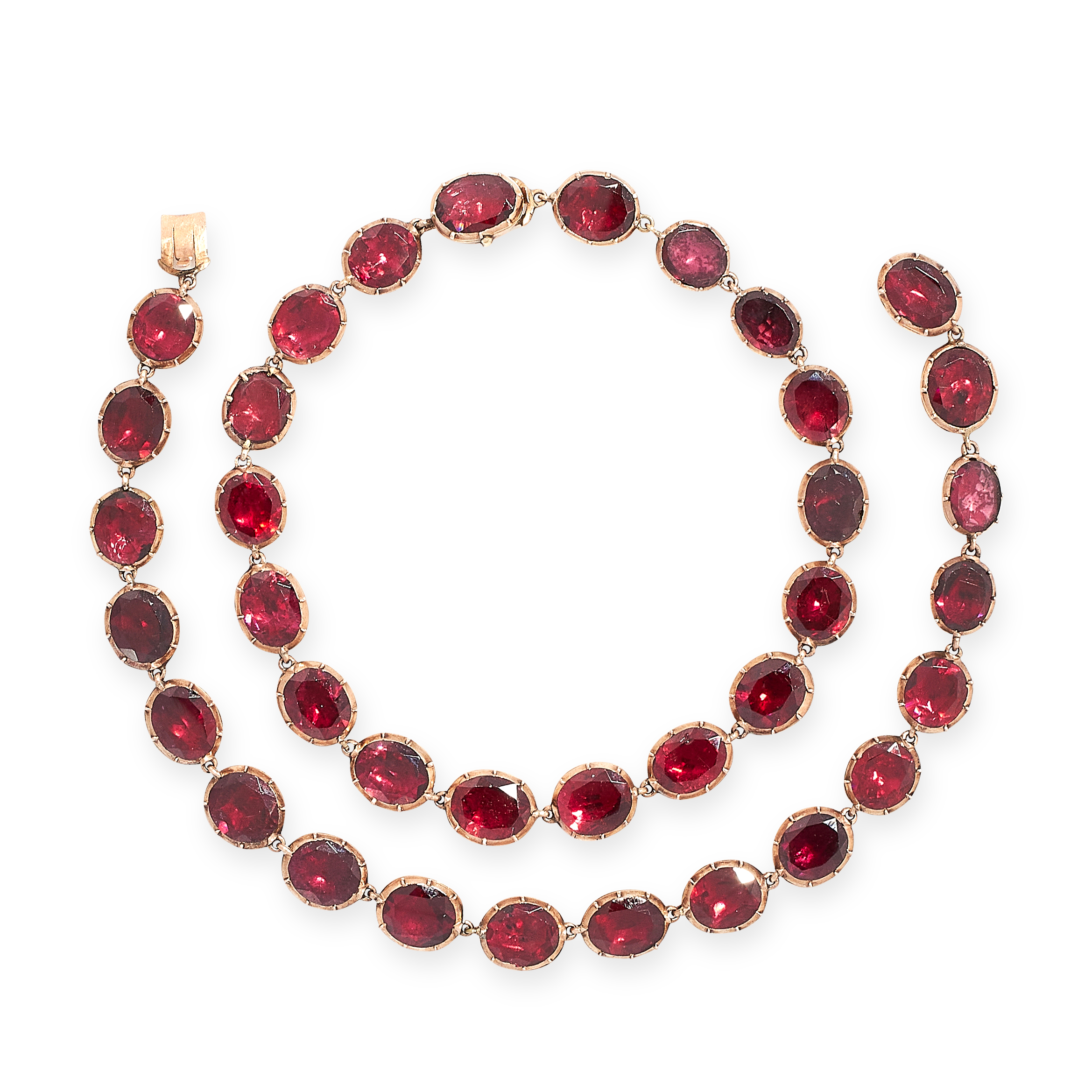 AN ANTIQUE GARNET RIVIERE NECKLACE, 19TH CENTURY in yellow gold, comprising of a single row of - Image 2 of 2