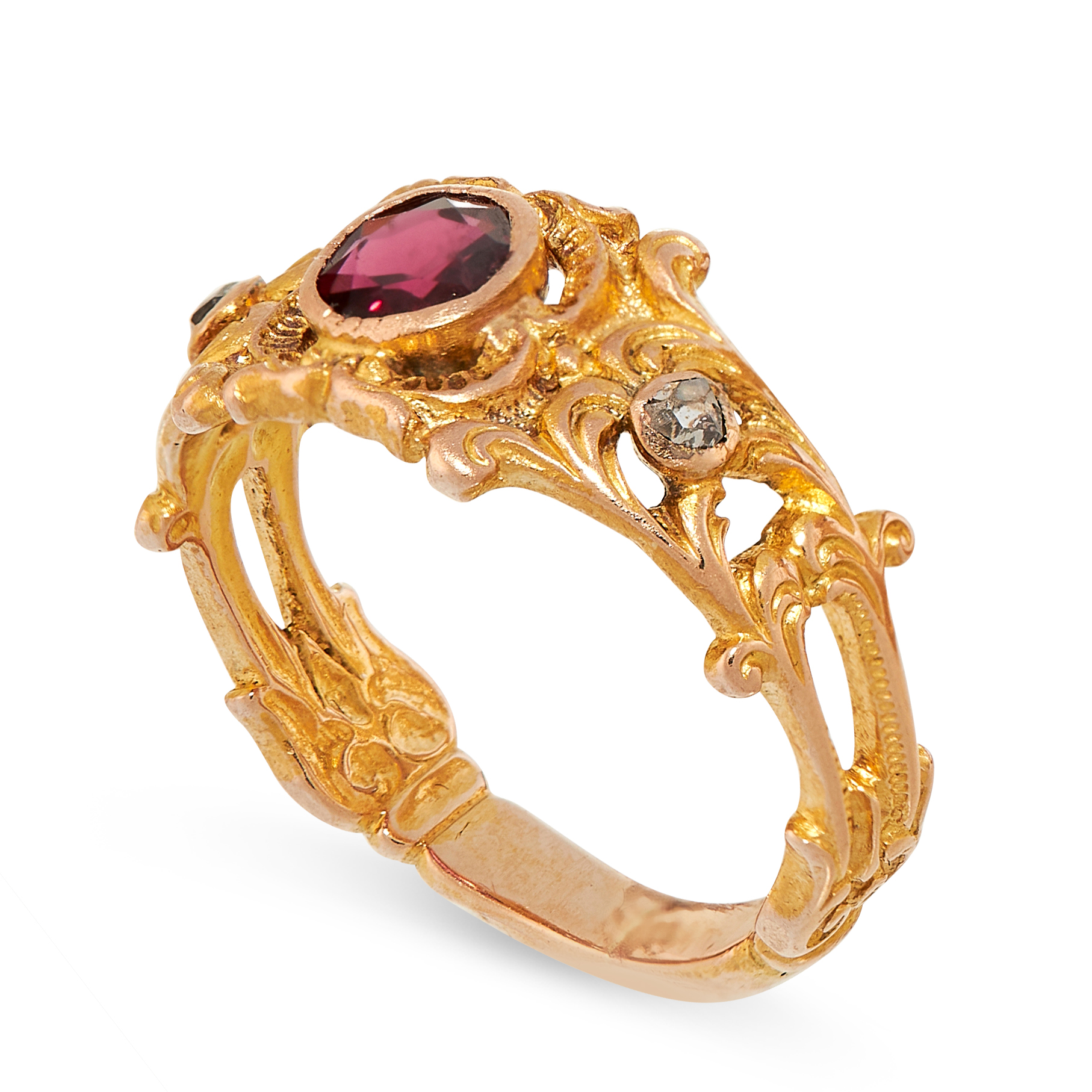 A GARNET AND DIAMOND DRESS RING in yellow gold, set with a round cut garnet between rose cut - Image 2 of 2