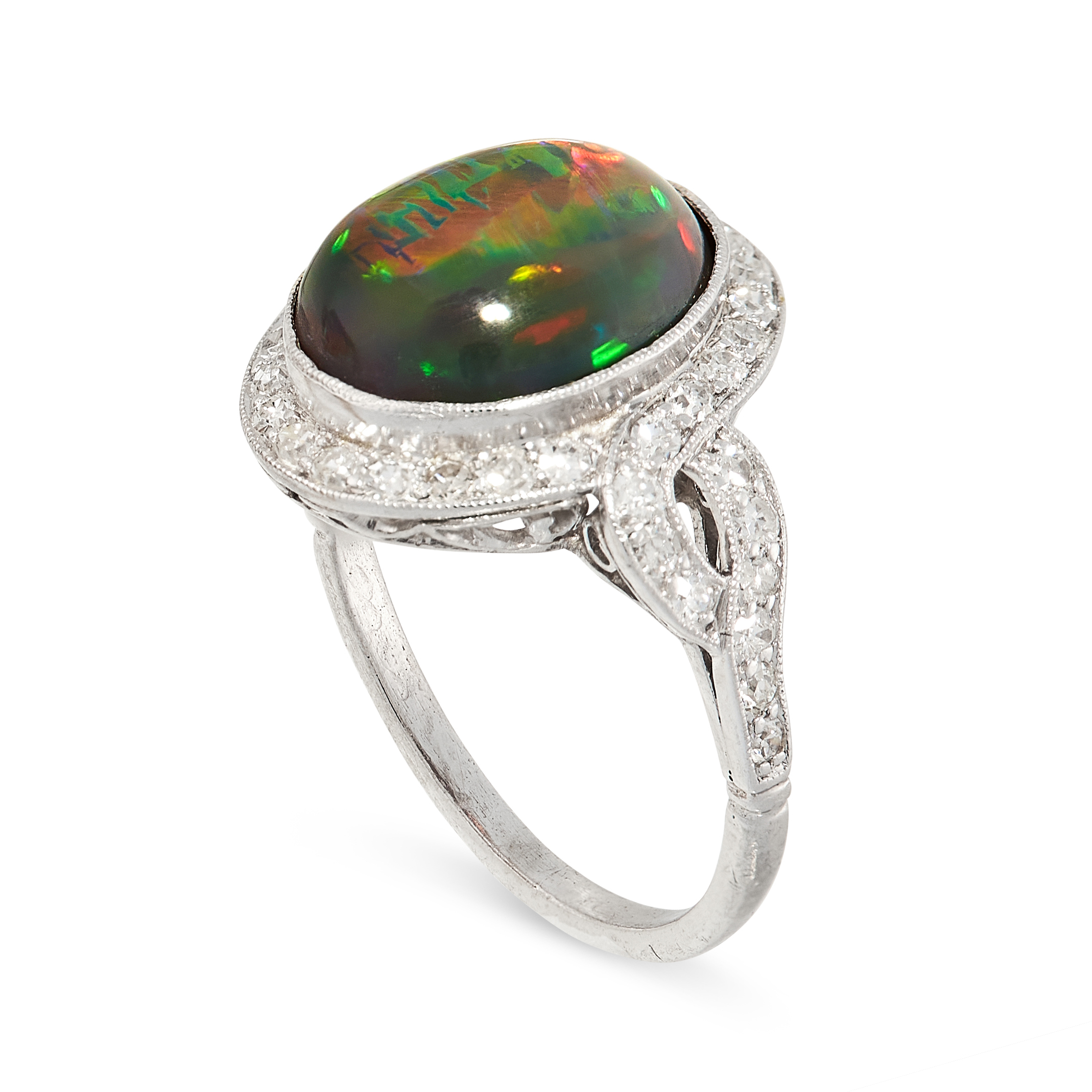 A FINE BLACK OPAL AND DIAMOND RING set with an oval cabochon black opal of 4.22 carats, within an - Image 2 of 2