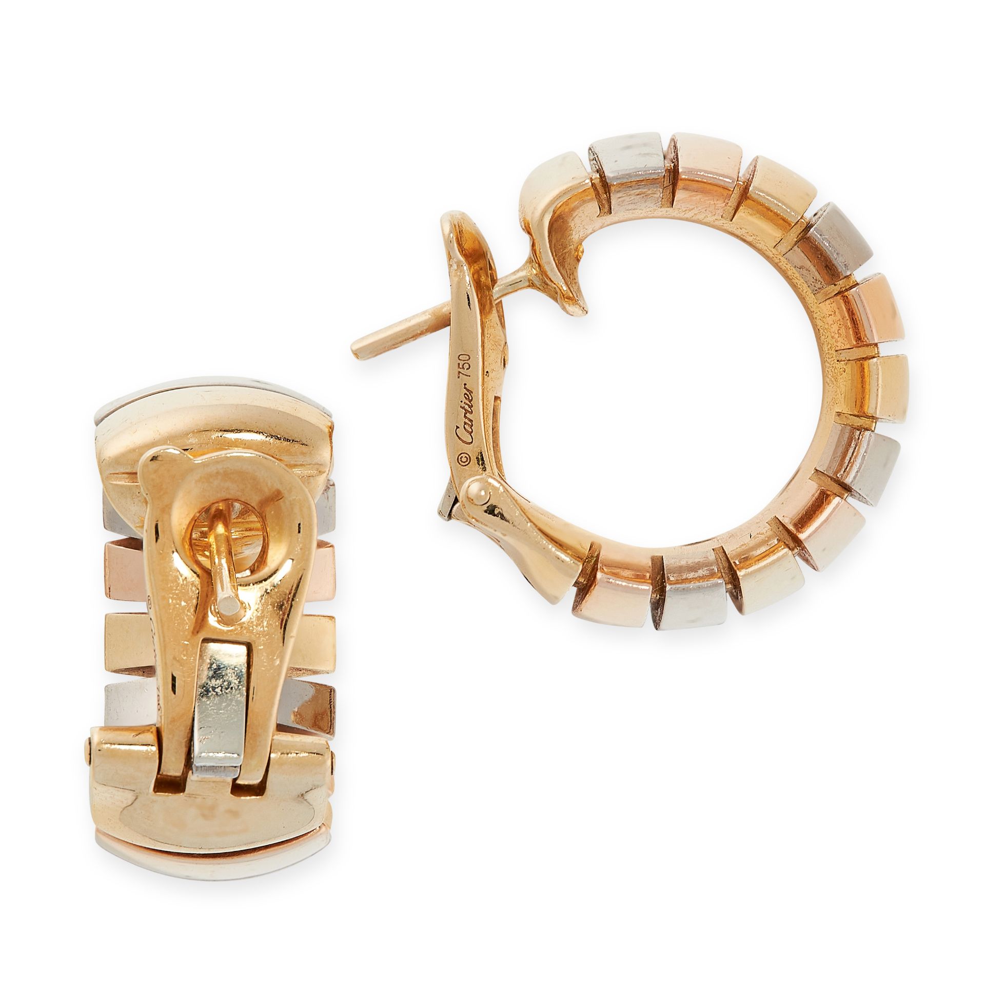 A PAIR OF TRINITY DE CARTIER HOOP EARRINGS, CARTIER in 18ct yellow, white and rose gold, each - Image 2 of 3