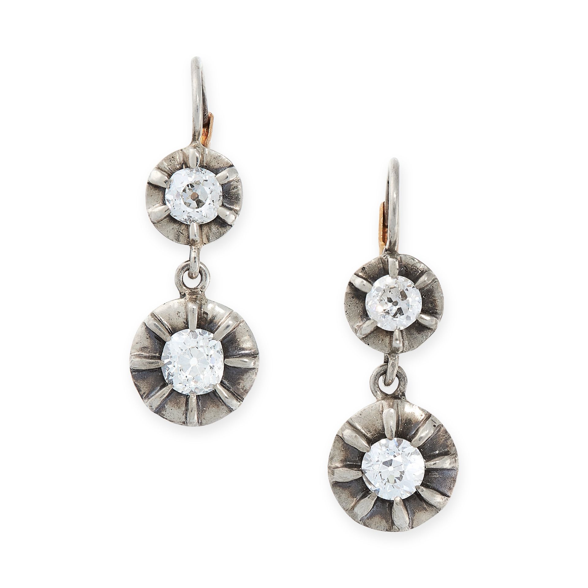 A PAIR OF DIAMOND DROP EARRINGS in yellow gold and silver, each formed of two articulated circular