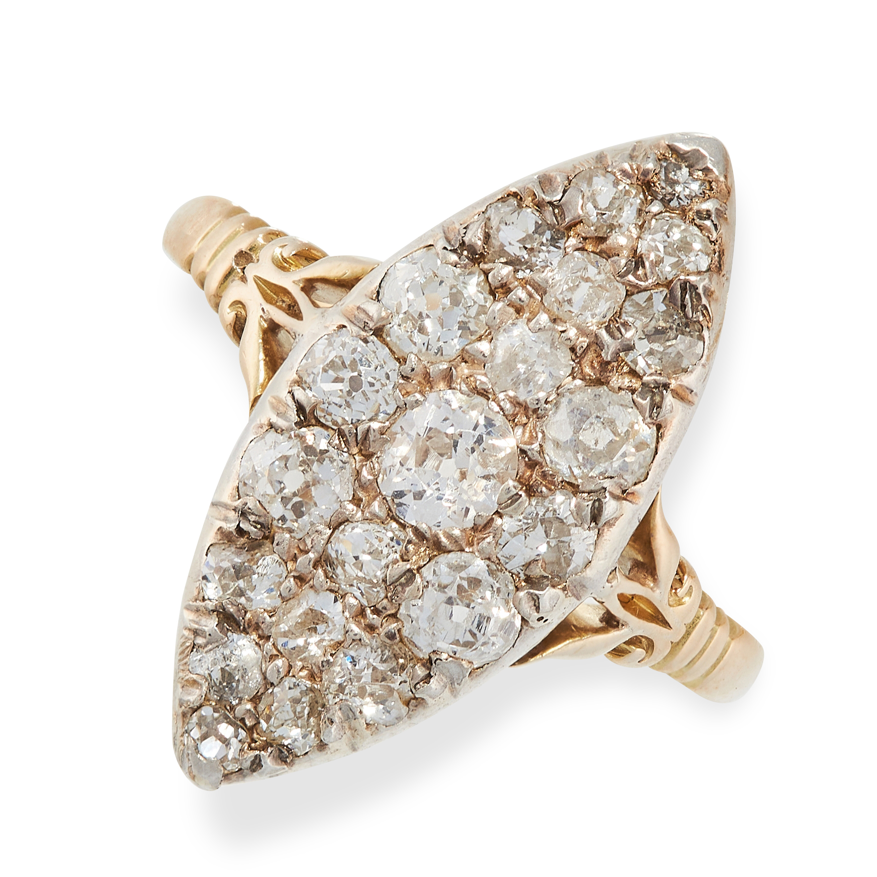 A DIAMOND RING in 18ct yellow gold, the navette face pave set with round cut diamonds, full