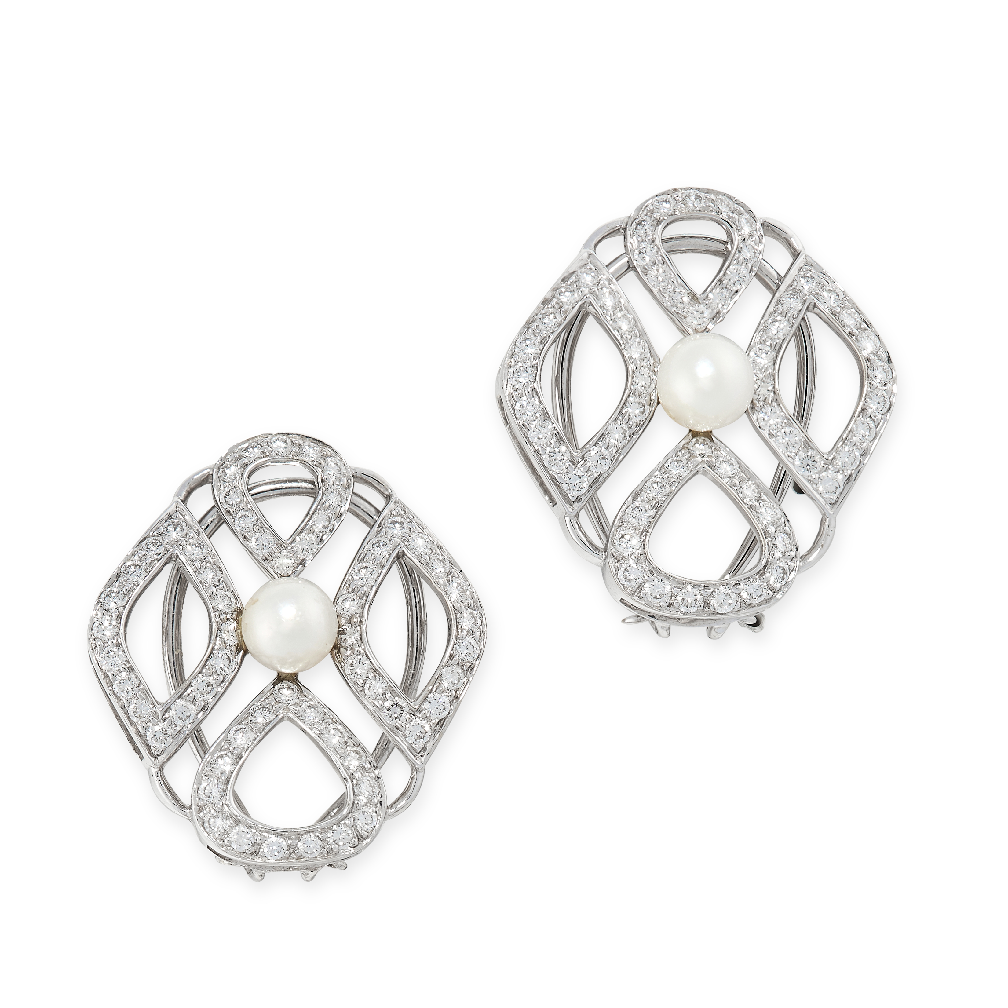 A PAIR OF PEARL AND DIAMOND EARRINGS in 18ct white gold, each set with a pearl within openwork