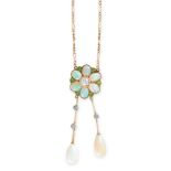 AN ANTIQUE OPAL, DEMANTOID GARNET AND DIAMOND LAVALIER NECKLACE, EARLY 20TH CENTURY in 15ct yellow