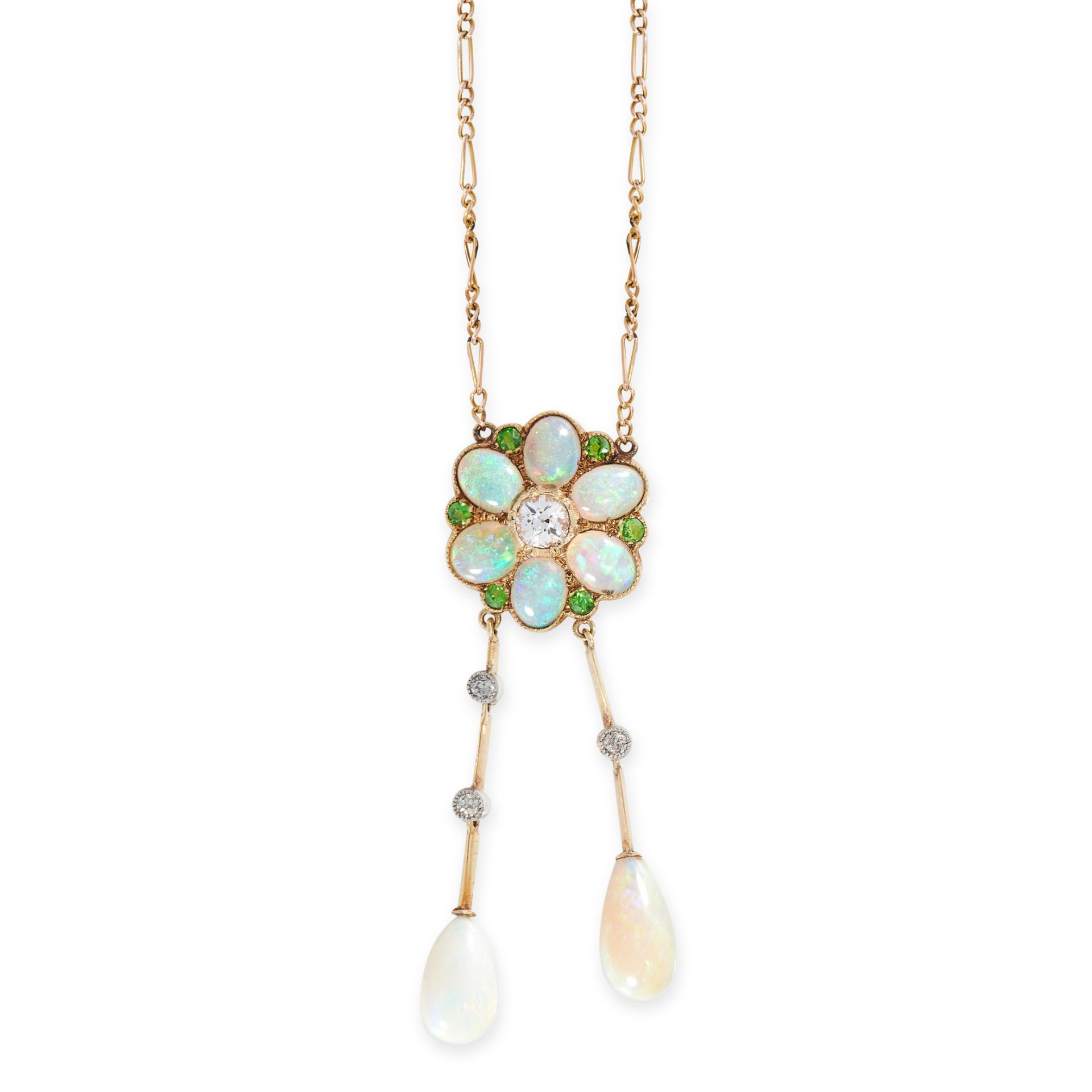 AN ANTIQUE OPAL, DEMANTOID GARNET AND DIAMOND LAVALIER NECKLACE, EARLY 20TH CENTURY in 15ct yellow
