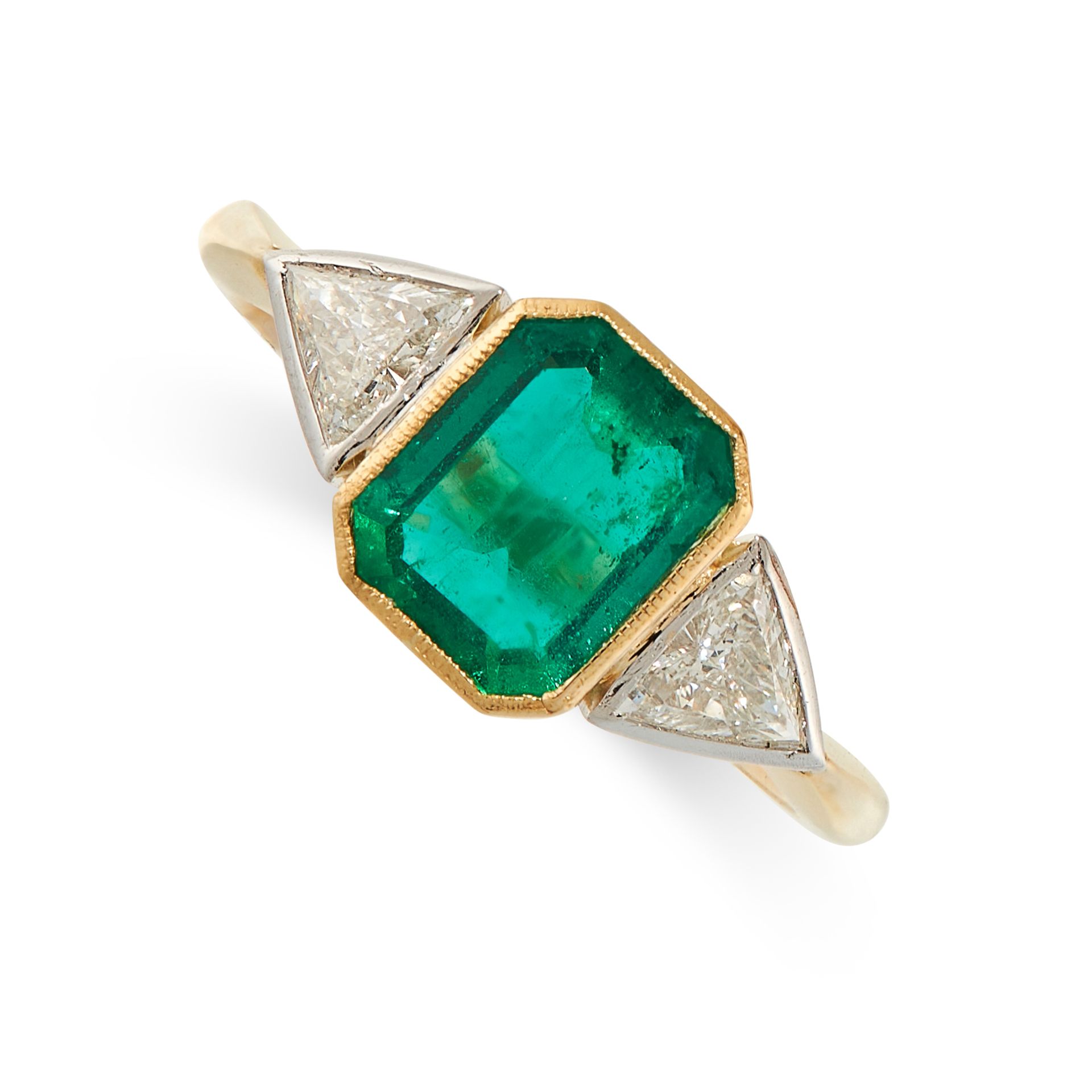 AN EMERALD AND DIAMOND DRESS RING in 18ct yellow gold, set with an emerald cut emerald of 1.45