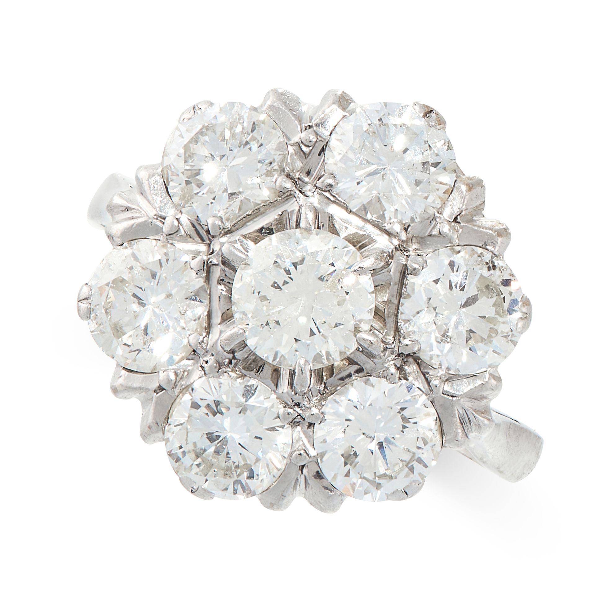 A DIAMOND CLUSTER DRESS RING in 18ct white gold, set with seven round cut diamonds, the diamonds all