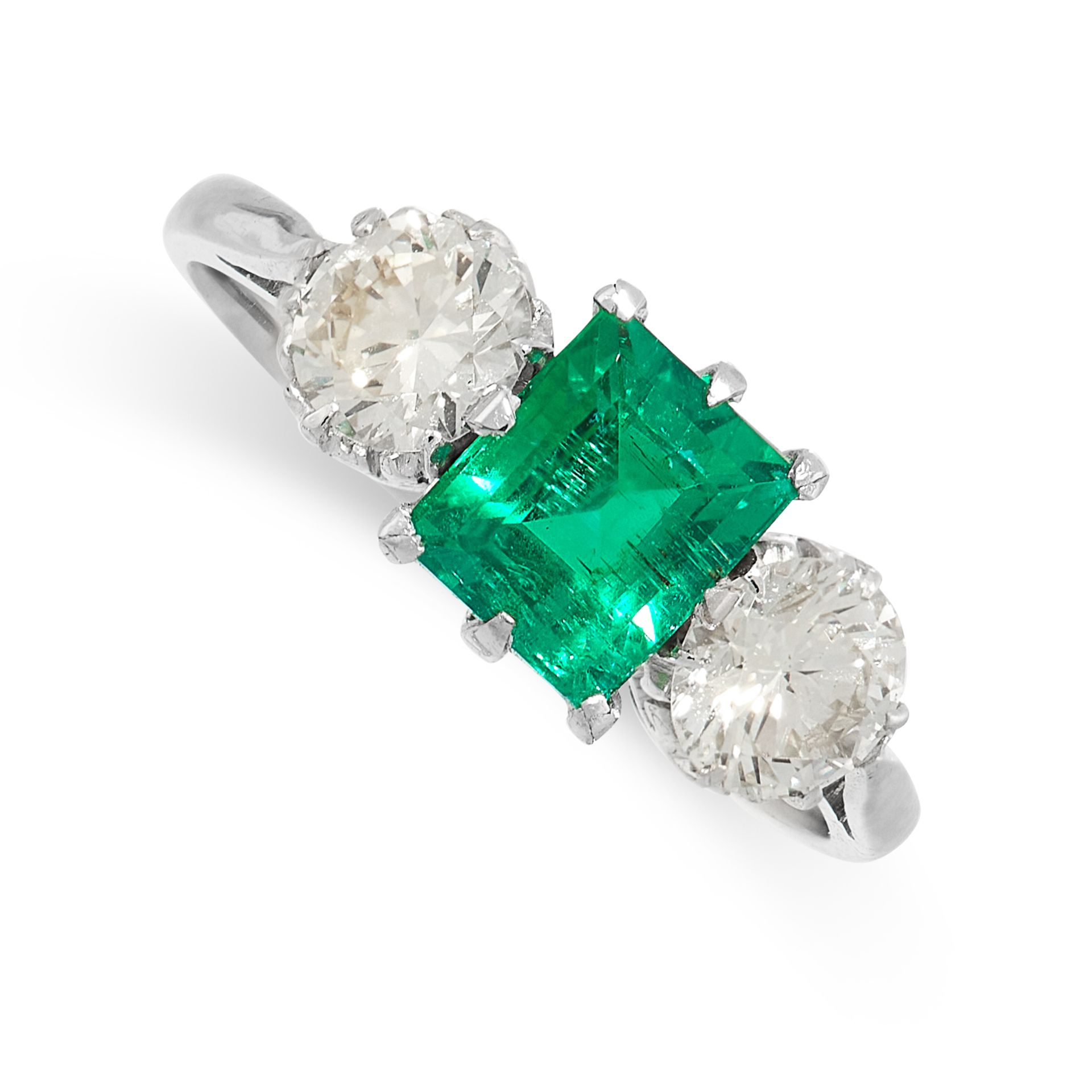 AN EMERALD AND DIAMOND DRESS RING set with a rectangular step cut emerald of 1.19 carats, between