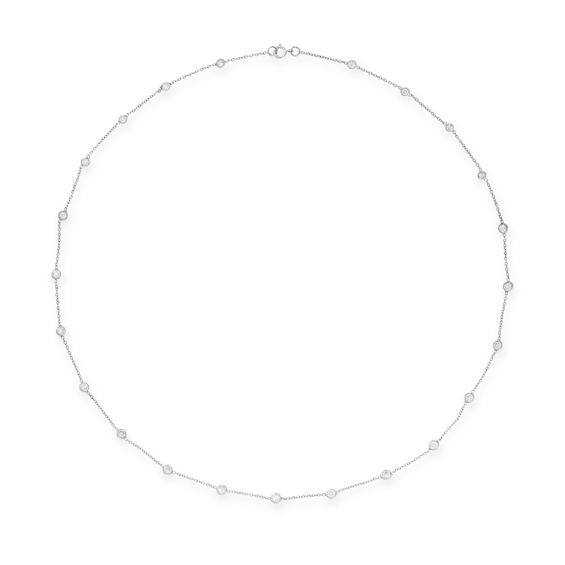 A DIAMOND NECKLACE the belcher link chain punctuated by twenty-three bezel set round cut diamonds,