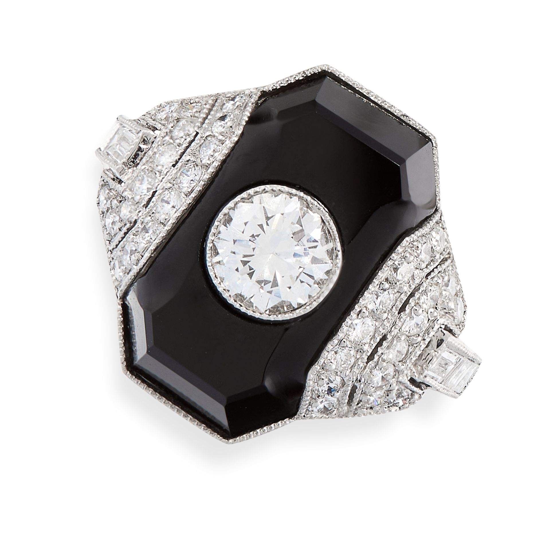 AN ONYX AND DIAMOND DRESS RING set with an old European cut diamond of 0.61 carats, within a