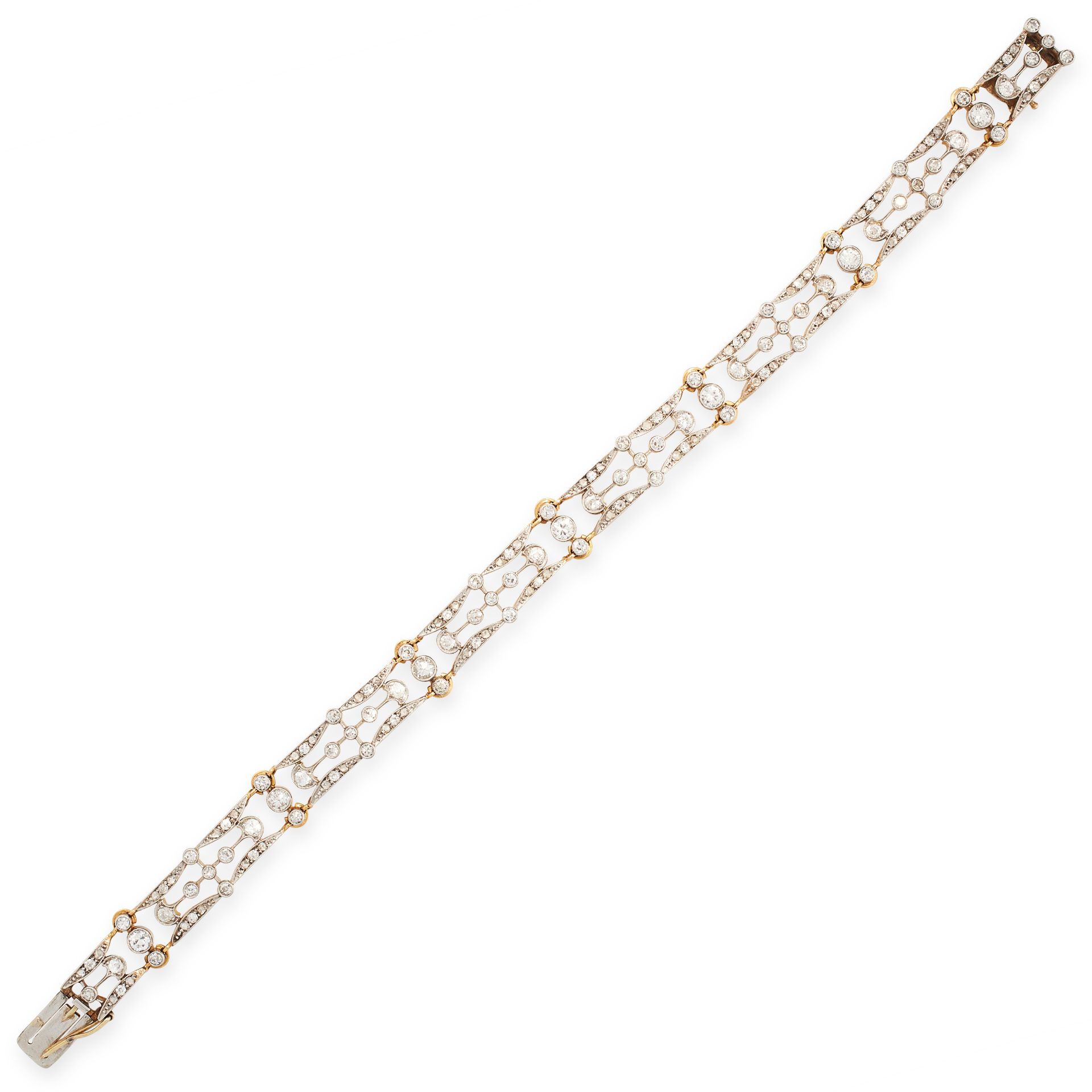 AN ANTIQUE DIAMOND BRACELET, CIRCA 1910 in 18ct yellow gold and platinum, of strap design,