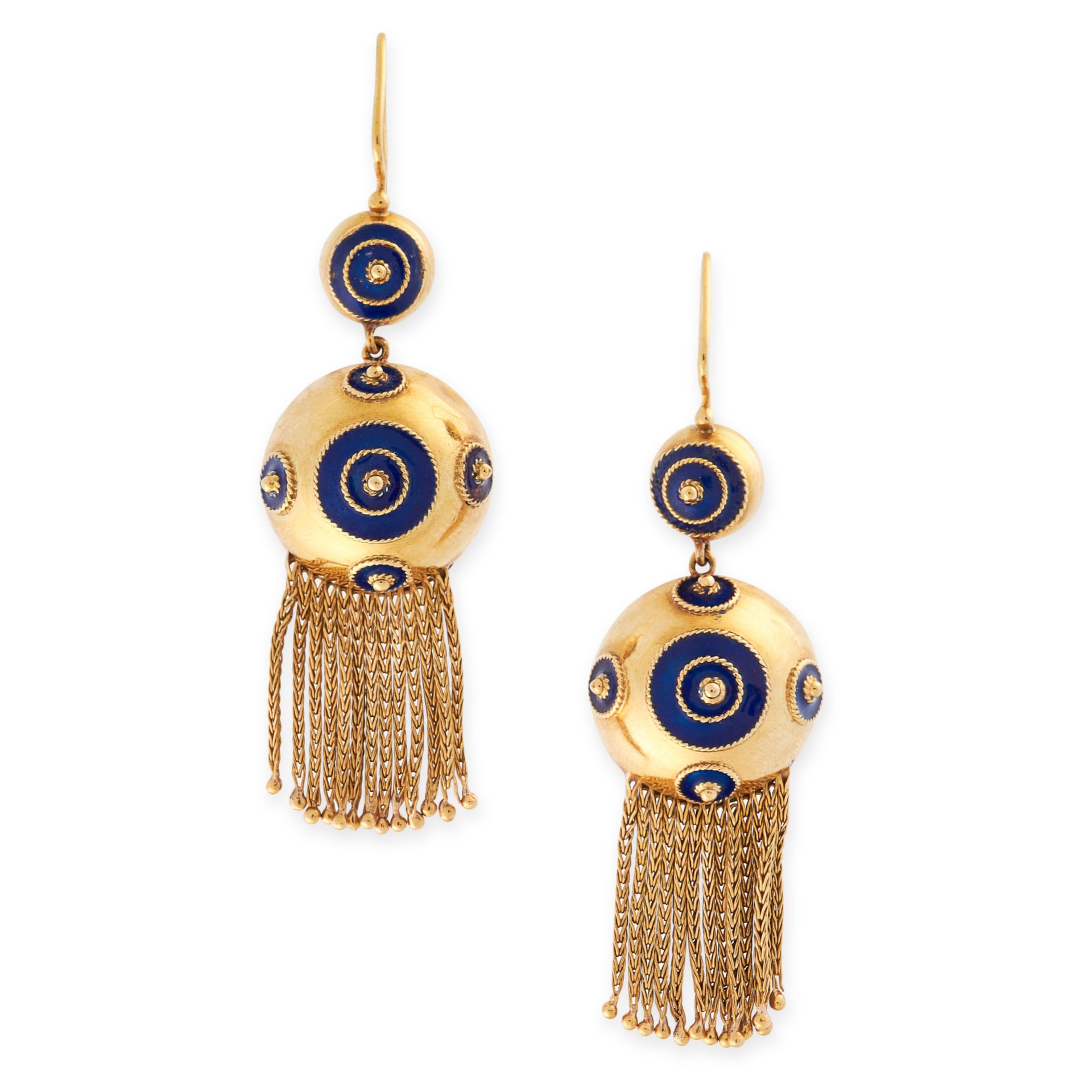 A PAIR OF ENAMEL TASSEL EARRINGS in high carat yellow gold, the bodies formed of graduated