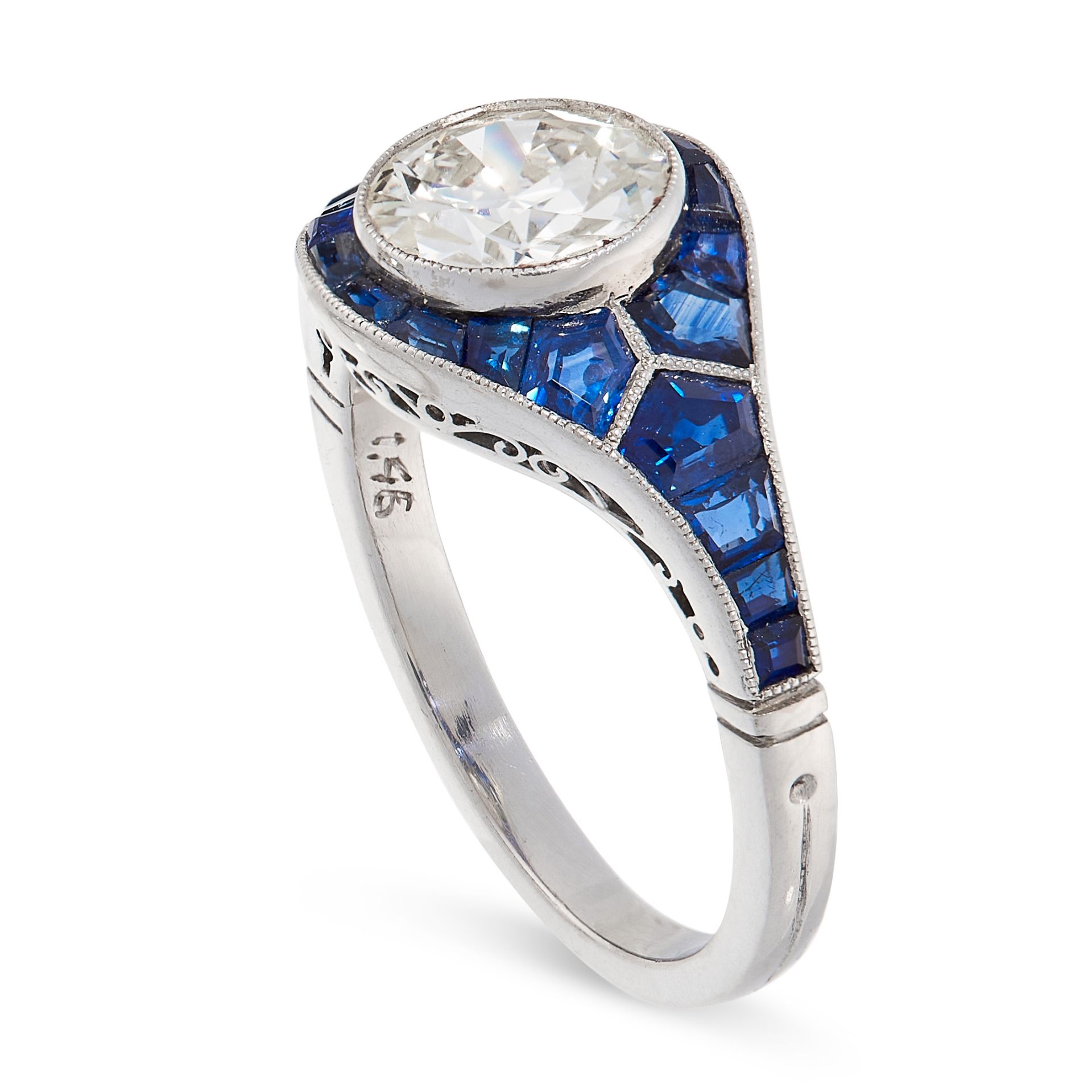 A DIAMOND AND SAPPHIRE DRESS RING in platinum, set to the centre with an old European cut diamond of - Image 2 of 2