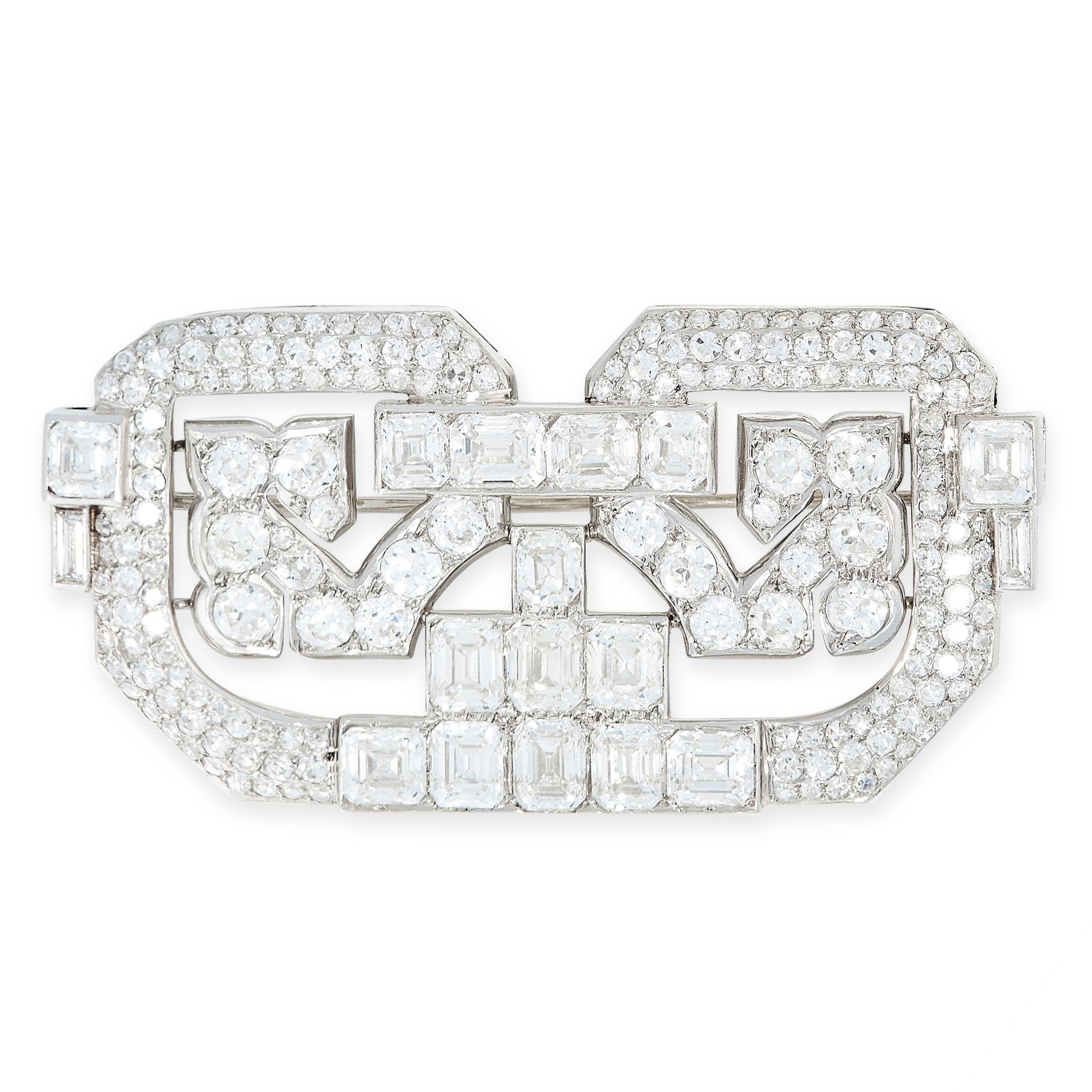 AN ART DECO DIAMOND BROOCH, CARTIER in platinum, of openwork design, set throughout with emerald