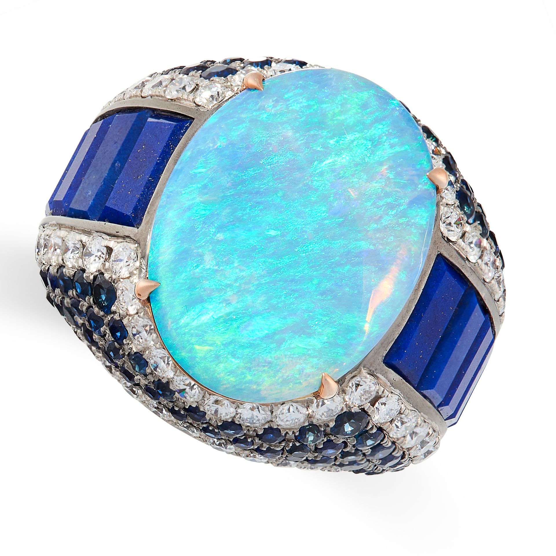 AN OPAL, LAPIS LAZULI, SAPPHIRE AND DIAMOND COCKTAIL RING, FEI LIU in 18ct white gold, of bombe